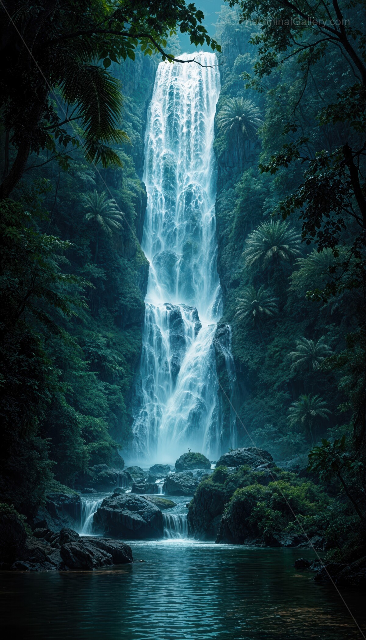 Majestic waterfall cascades through lush jungle greenery in tranquil paradise