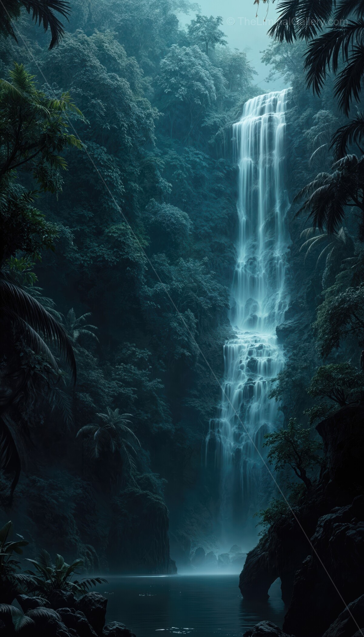 Grand waterfall cascades through lush jungle in serene, misty ambiance