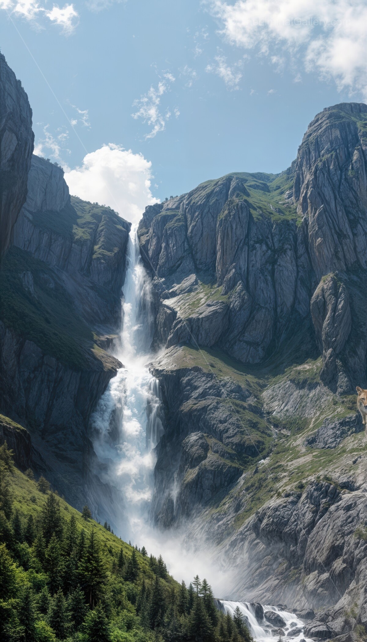 Breathtaking waterfall cascading down majestic mountains under a clear blue sky