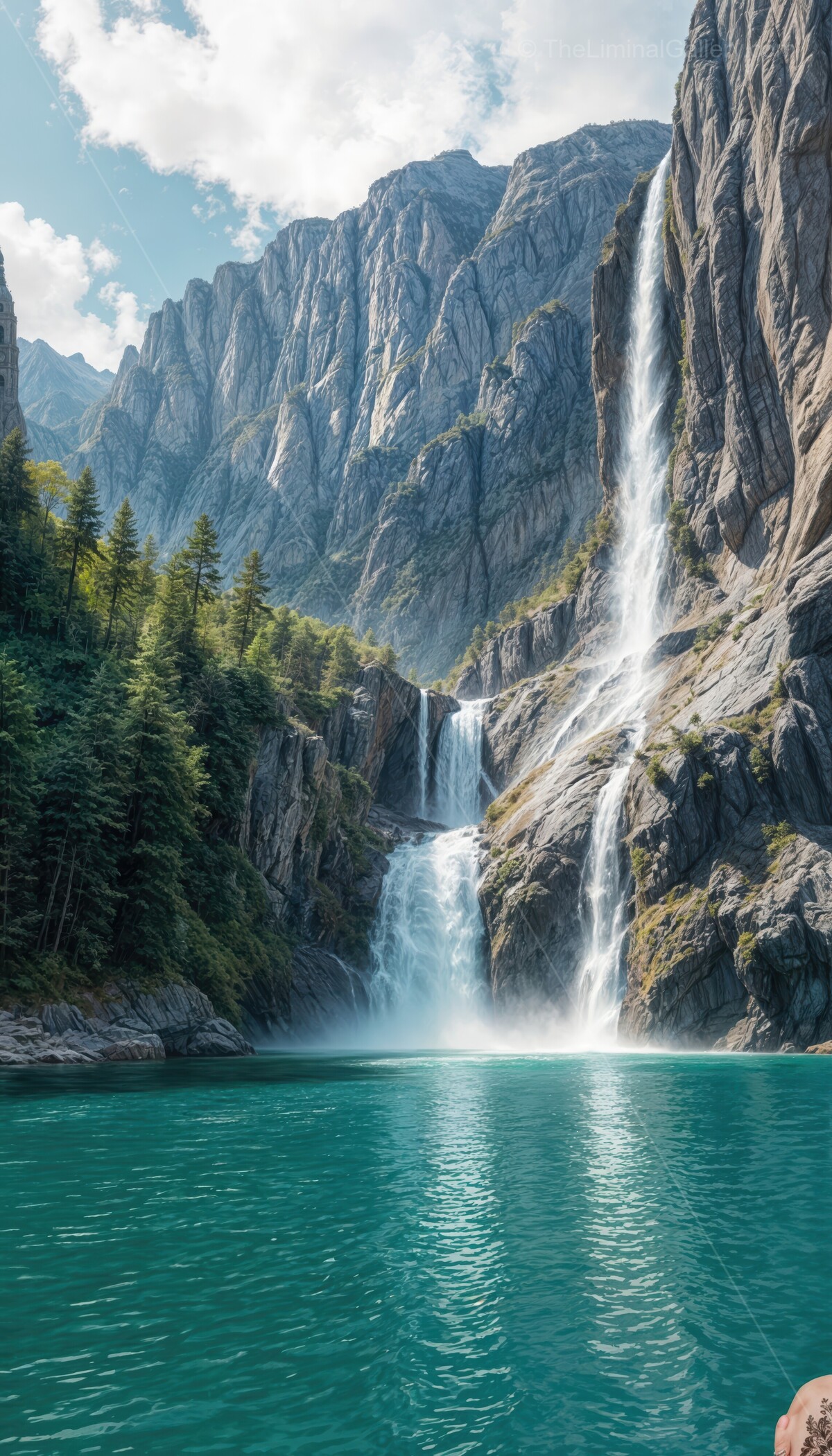 Grand waterfall cascading down majestic mountains into a serene turquoise lake surrounded by lush greenery