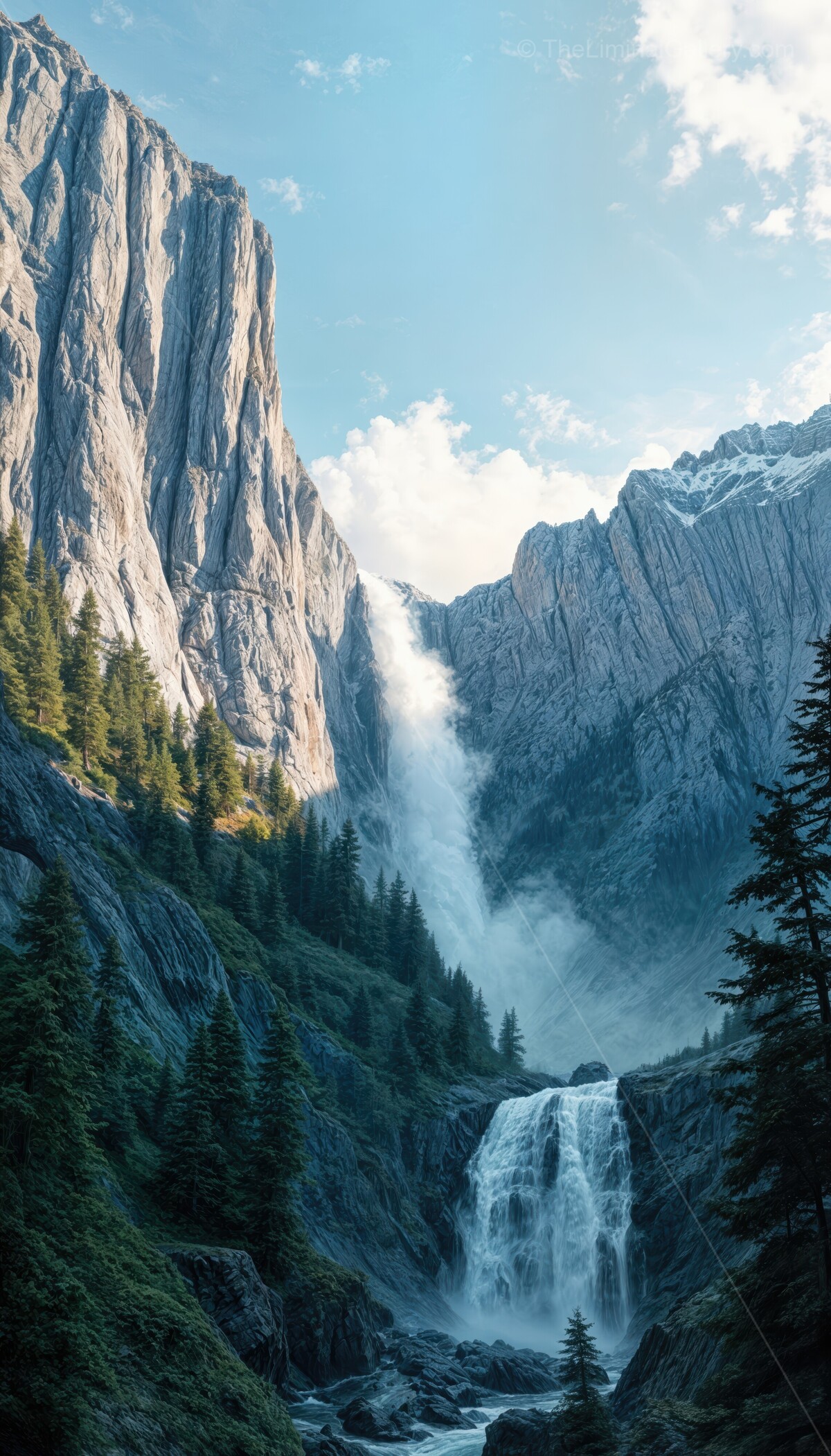 Huge waterfall cascading down rocky mountain surrounded by lush greenery under a clear sky
