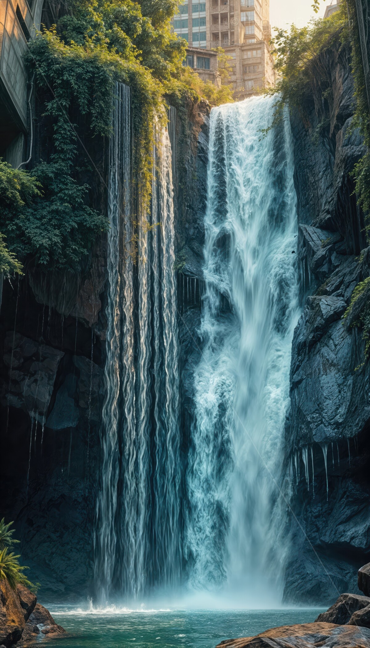 Urban oasis features stunning waterfall cascading over rocks, blending nature with cityscape at golden hour