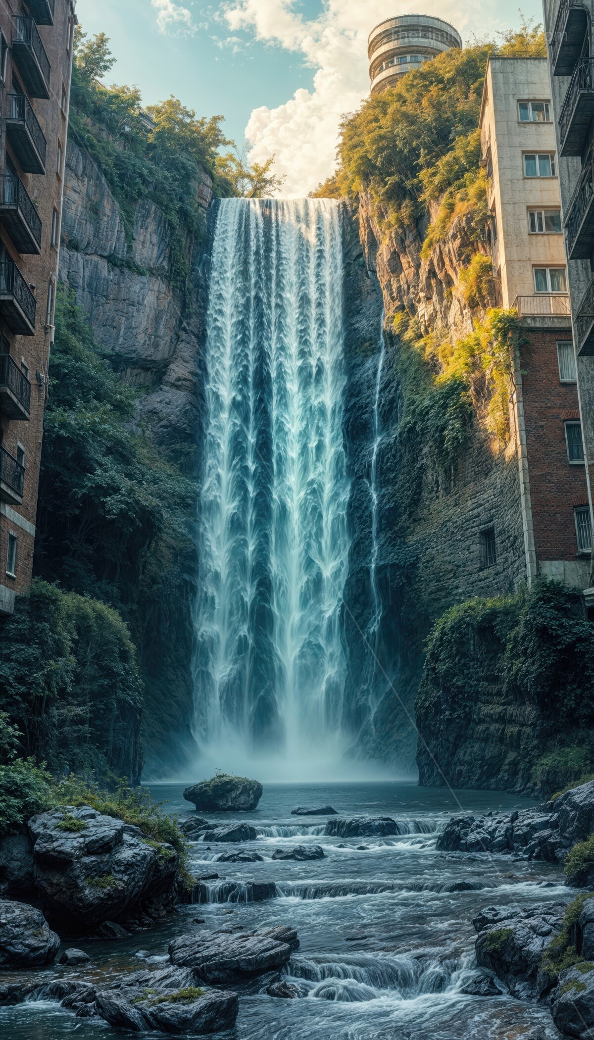 Urban oasis transforms city with cascading waterfall amidst towering buildings by sunset