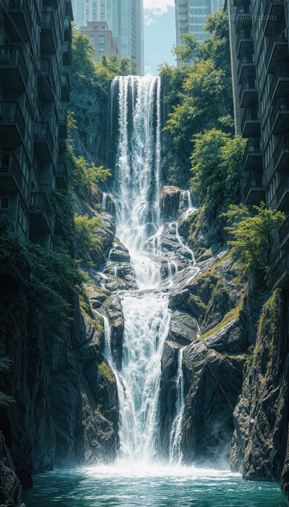 Urban oasis reveals stunning waterfall blending nature with cityscape at midday