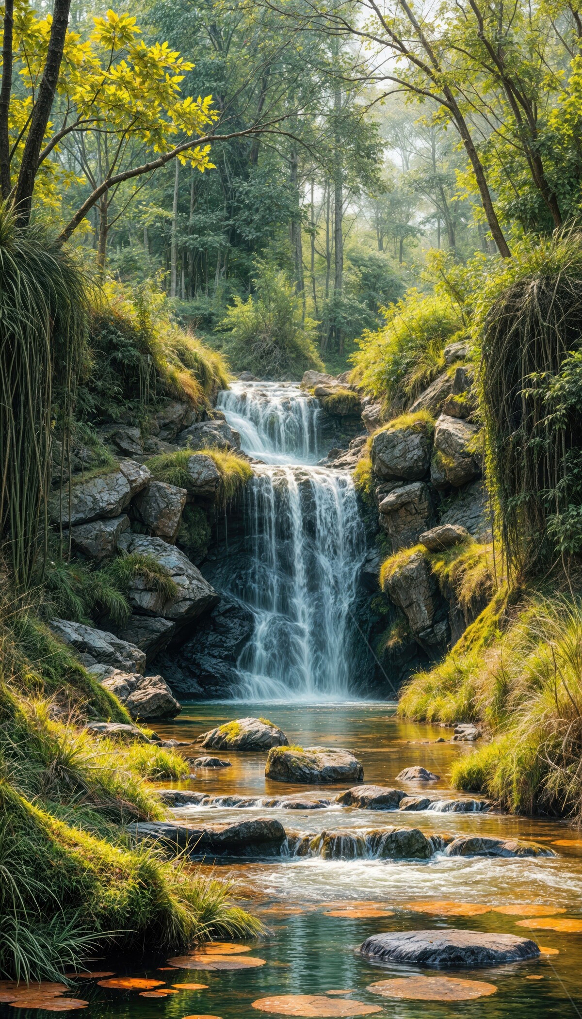 Enchanting waterfall cascading through lush wetlands under morning light, capturing nature's tranquility and beauty