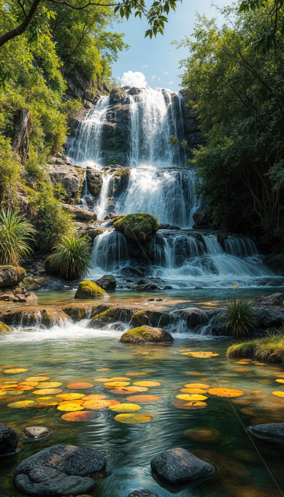 Majestic waterfall cascading over rocks, surrounded by vibrant wetlands and serene lily pads