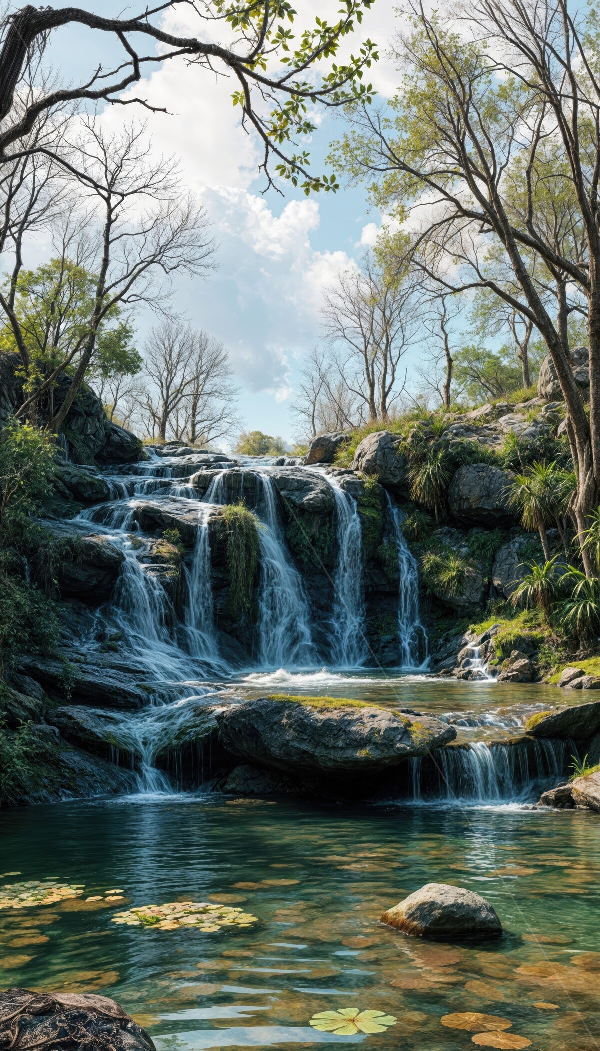Majestic waterfall cascading over rocks in serene wetlands under a bright blue sky with lily pads