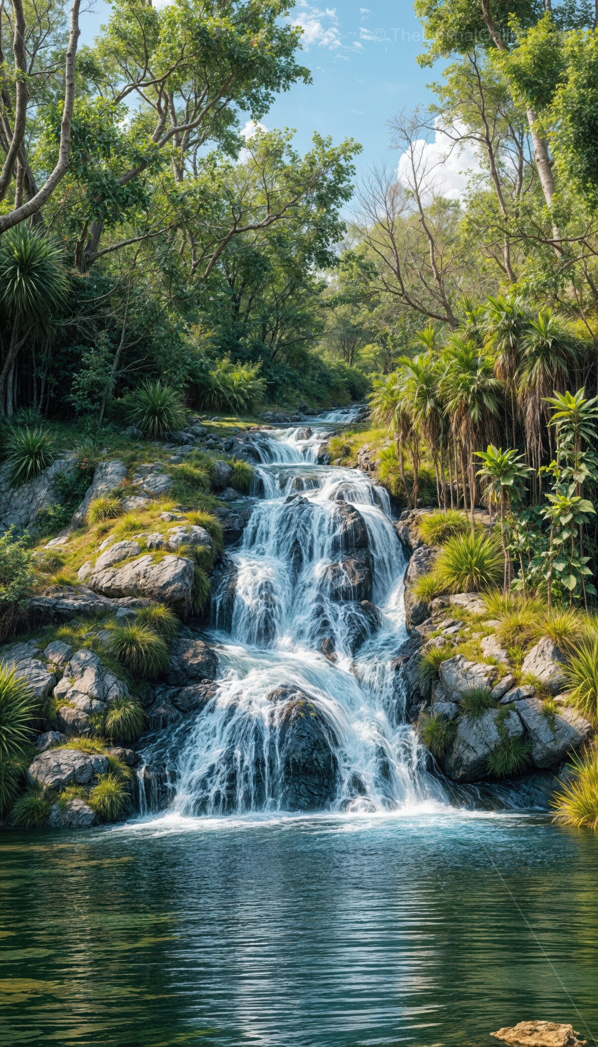 Discover tranquility in the lush wetlands where a stunning waterfall cascades into serene waters