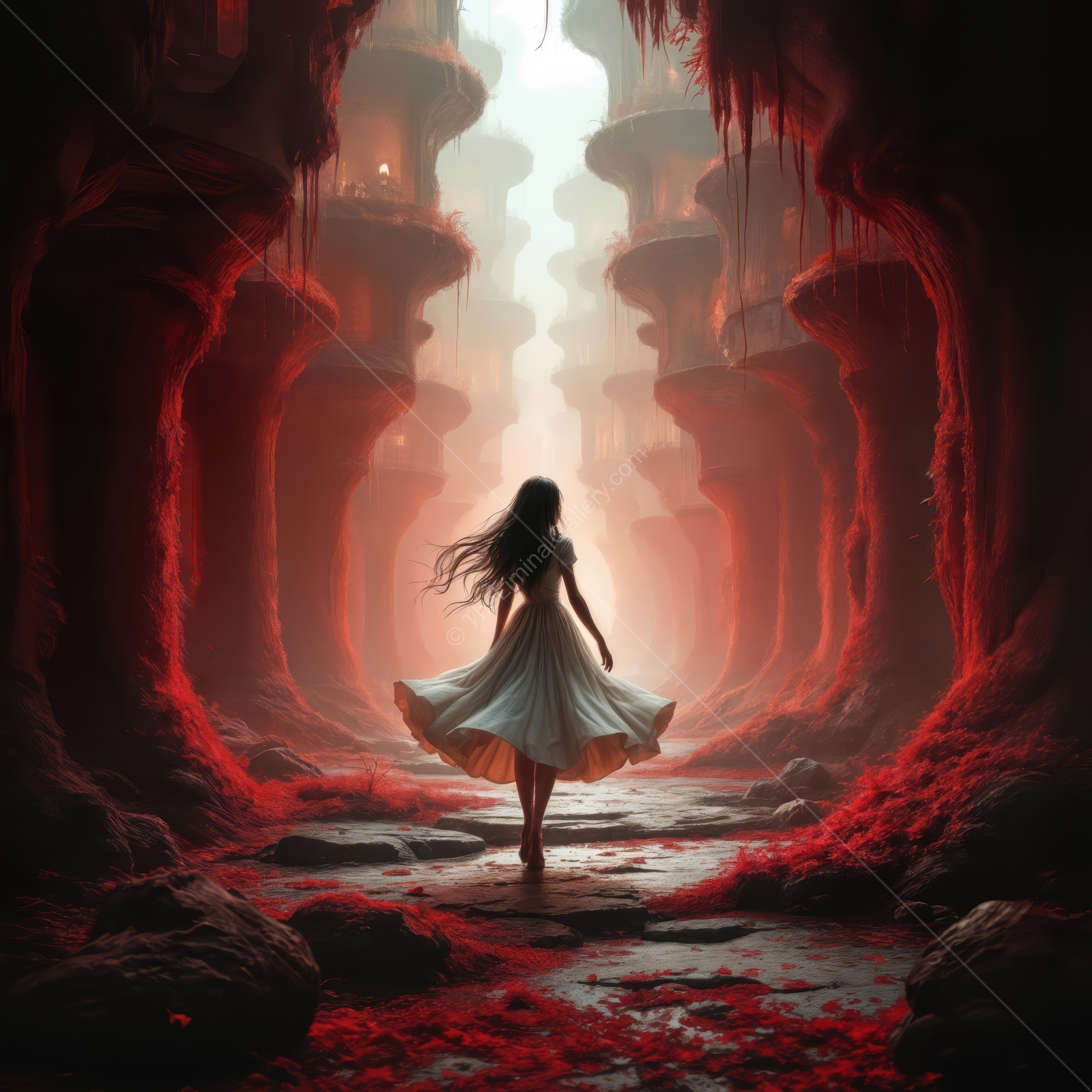 Explore the enchanting and mystical path of an otherworldly journey in a surreal landscape inspired by Alice in Wonderland