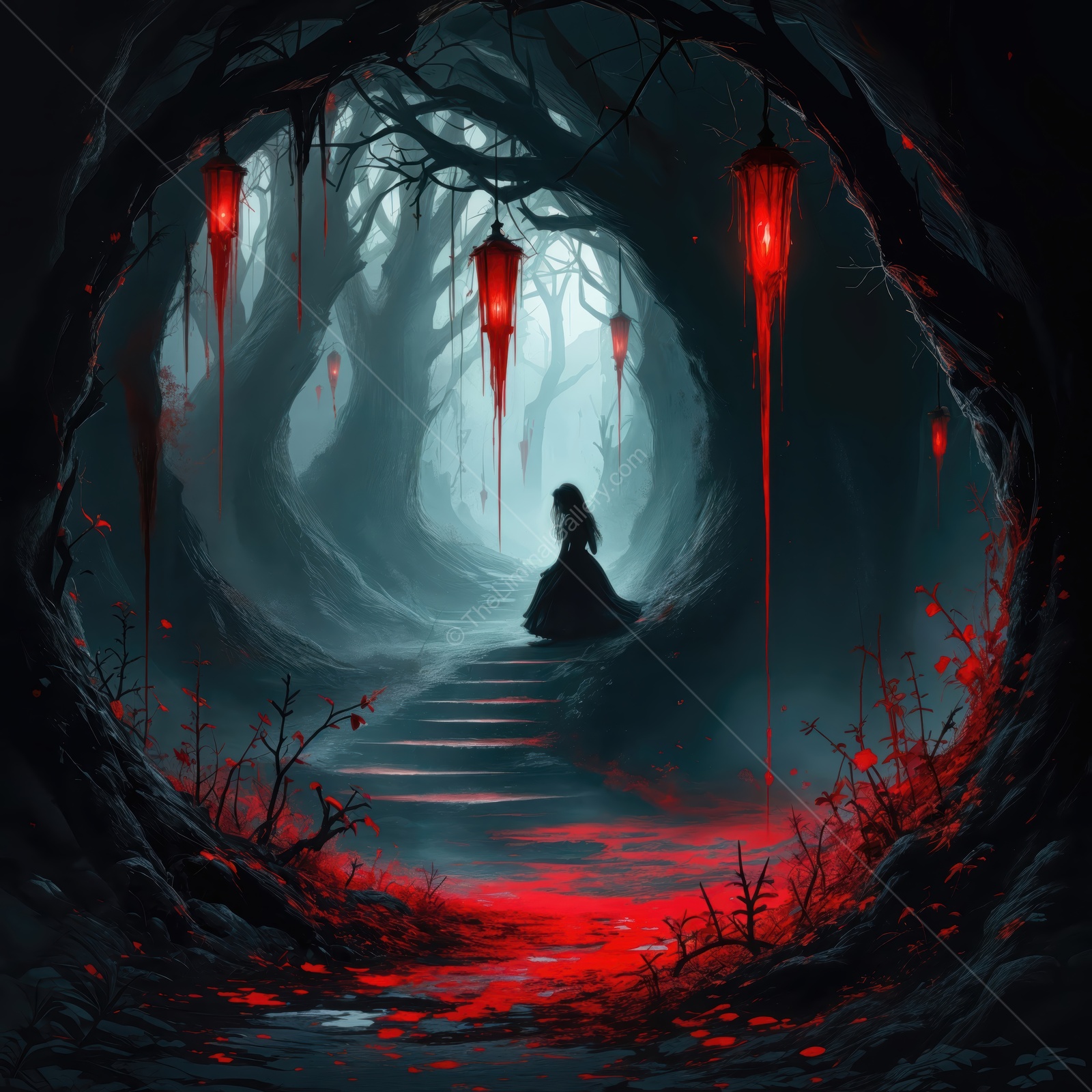 Wonderland adventure through an eerie forest with glowing lanterns and mysterious colors