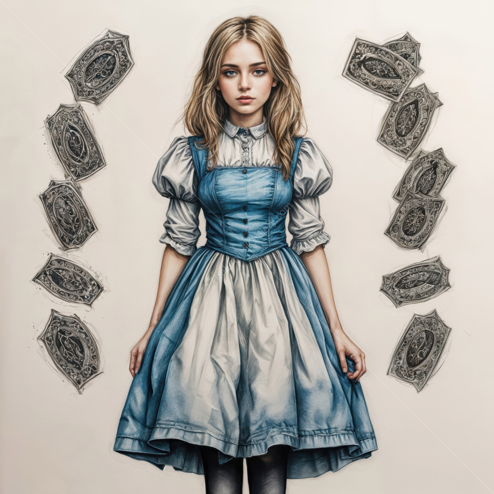 Wonderland's curious Alice stands among floating cards in a dreamlike scene inspired by a classic tale of adventure and imagination