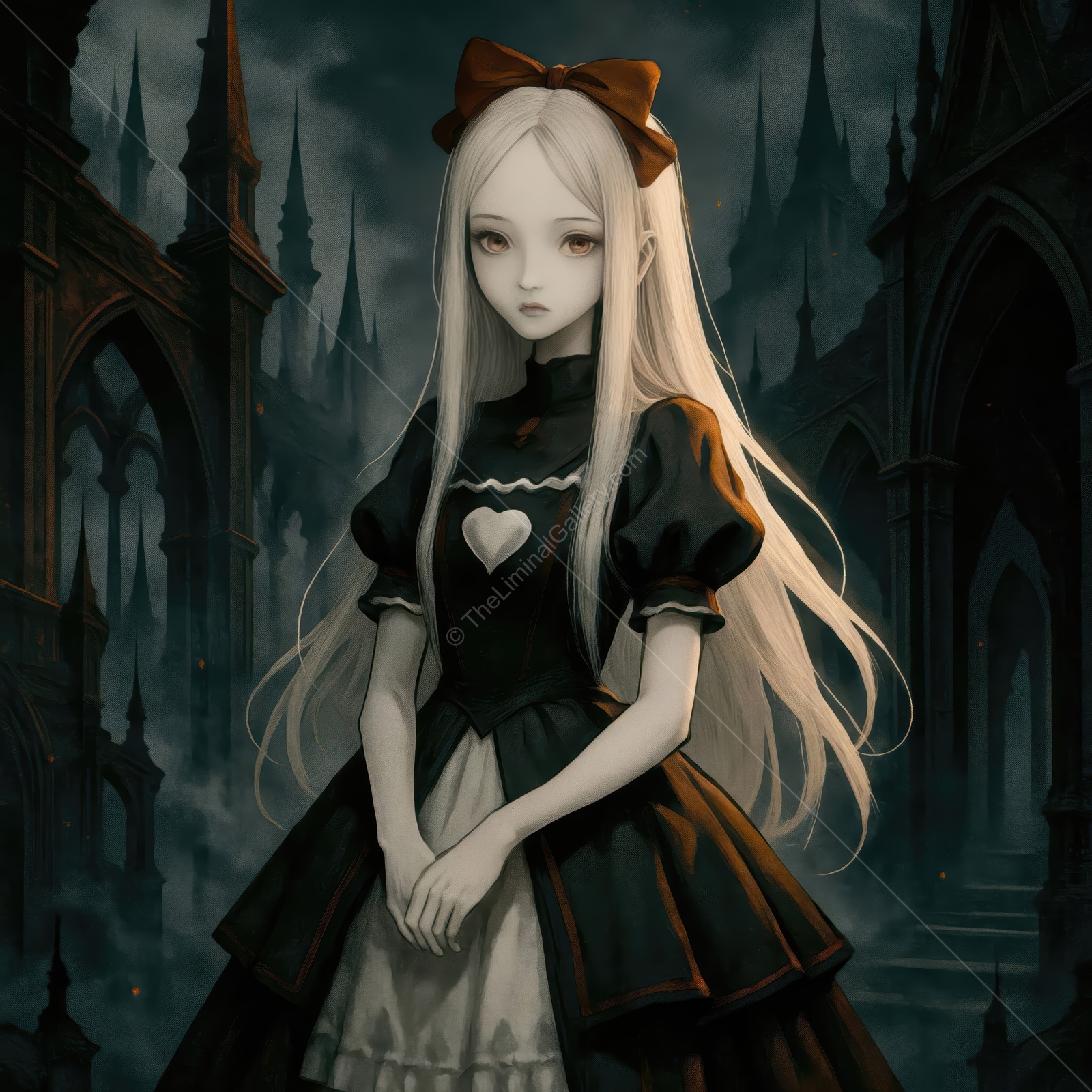 Enigmatic Alice in a dark landscape inspired by Alice in Wonderland, surrounded by gothic architecture and mysterious shadows