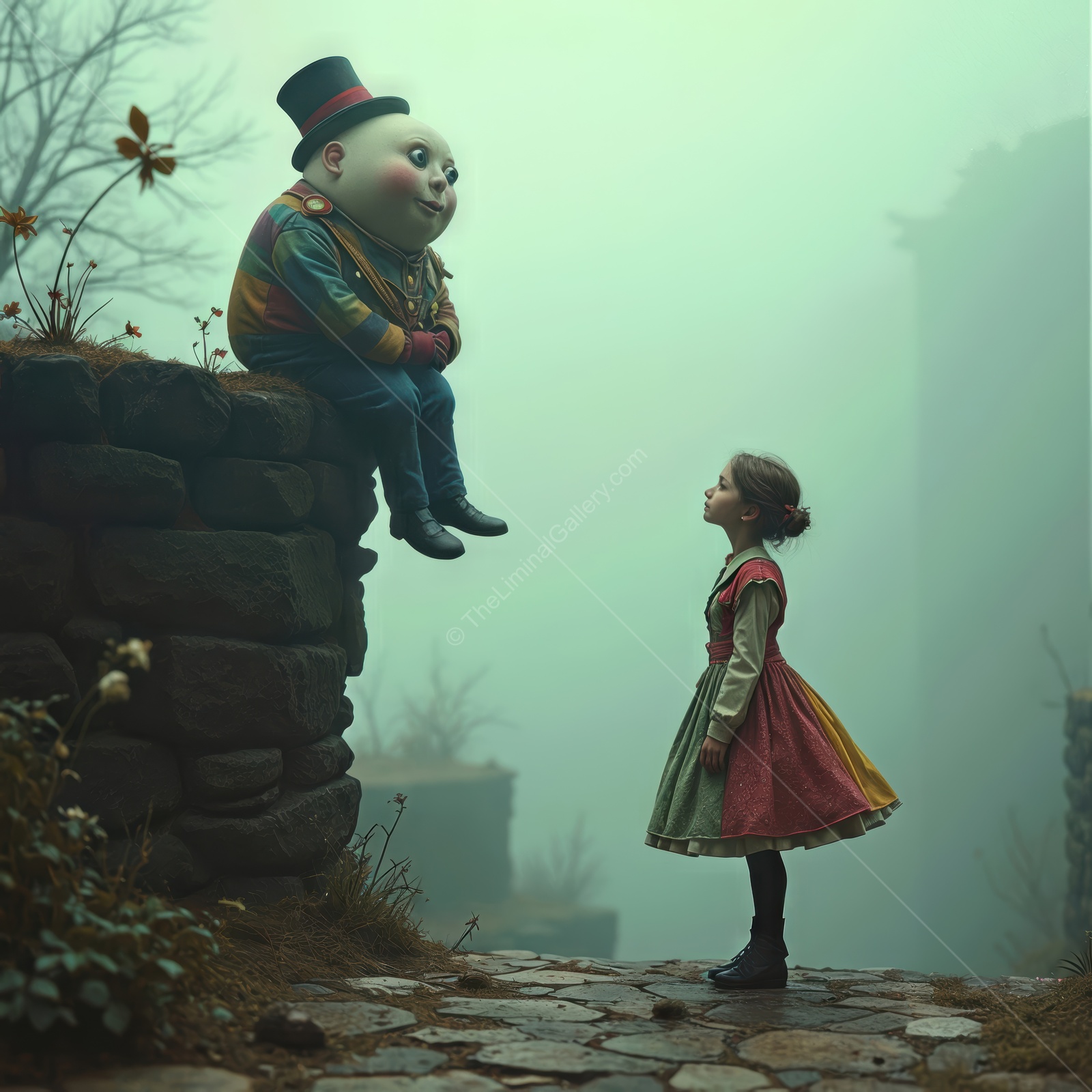 Curious encounter in a misty forest with a whimsical Humpty Dumpty and a young Alice in a vibrant dress