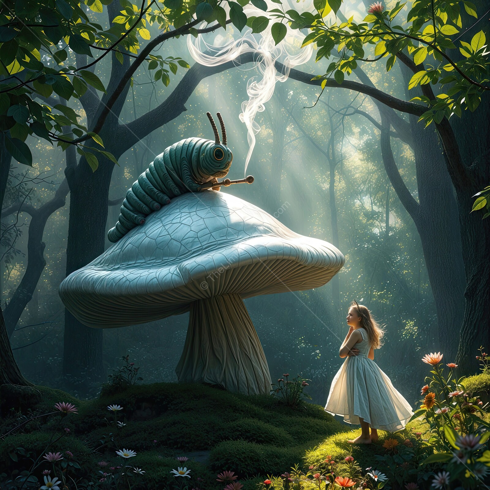 Alice in Wonderland: Caterpillar encounters a curious Alice in a magical forest under ethereal light