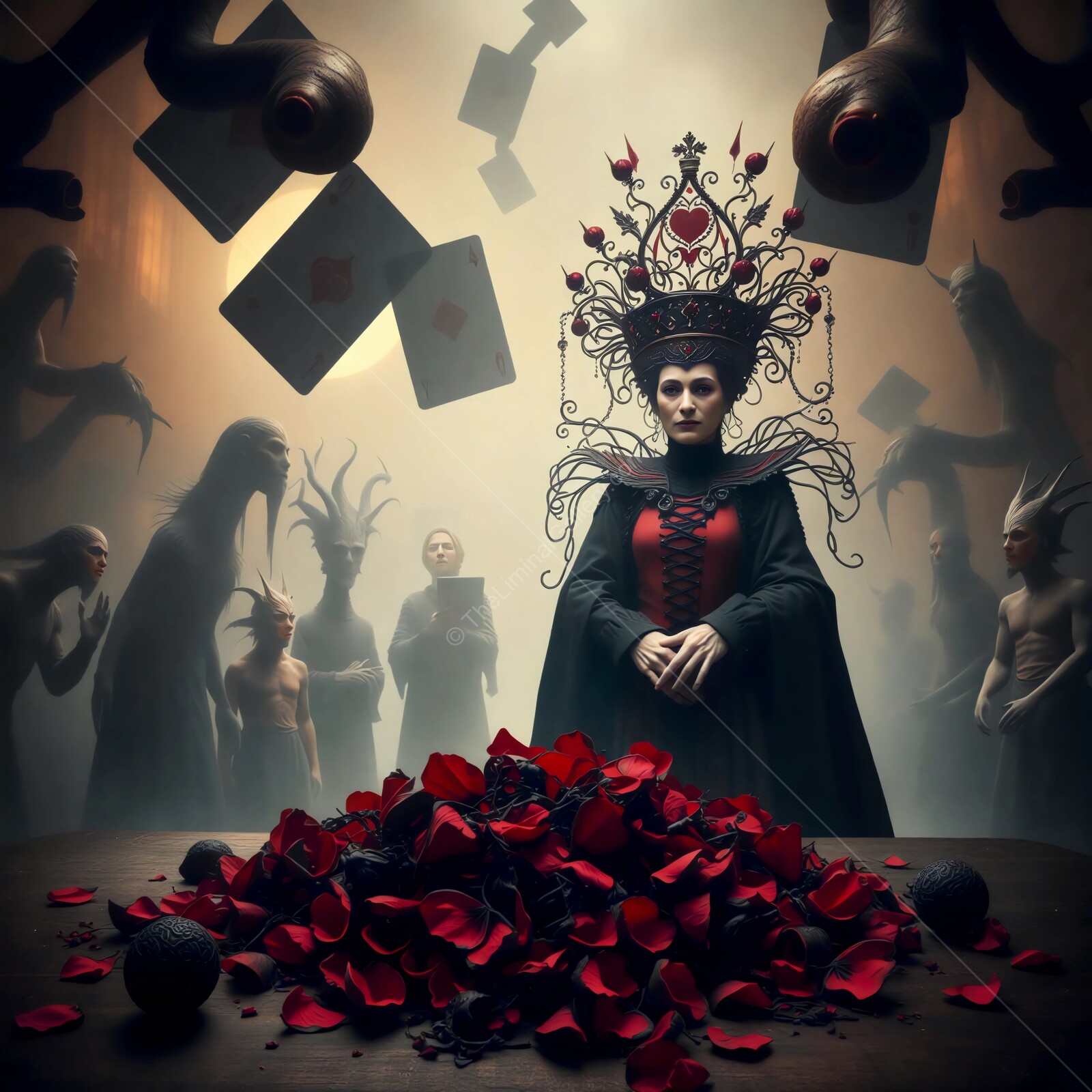 Alice in Wonderland: Dark queen of hearts presides over a surreal gathering in a mysterious realm filled with shadows and roses