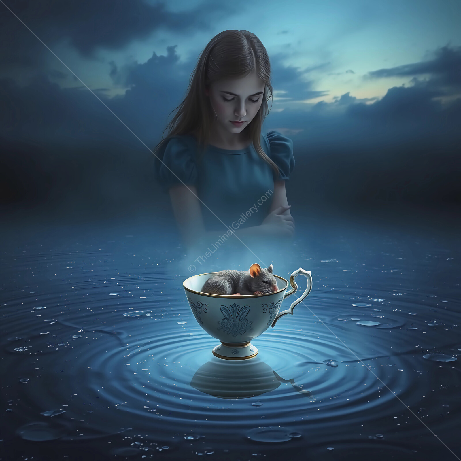 Alice in Wonderland: Enchanting Alice contemplates as a tiny creature rests in a delicate cup under a mystical twilight sky