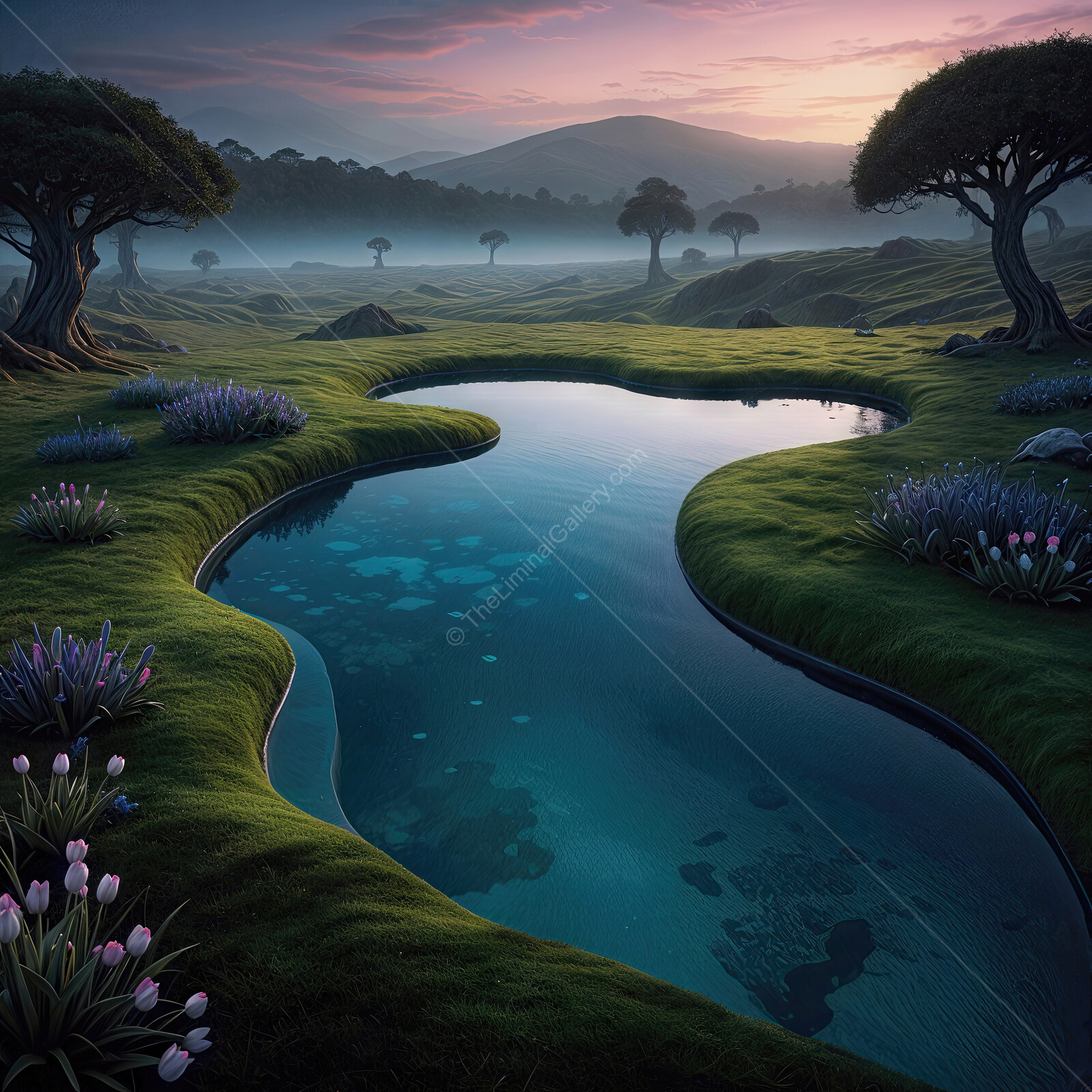 Alice in Wonderland: Lush landscape with a serene pond reflecting twilight hues and surrounded by vibrant flora