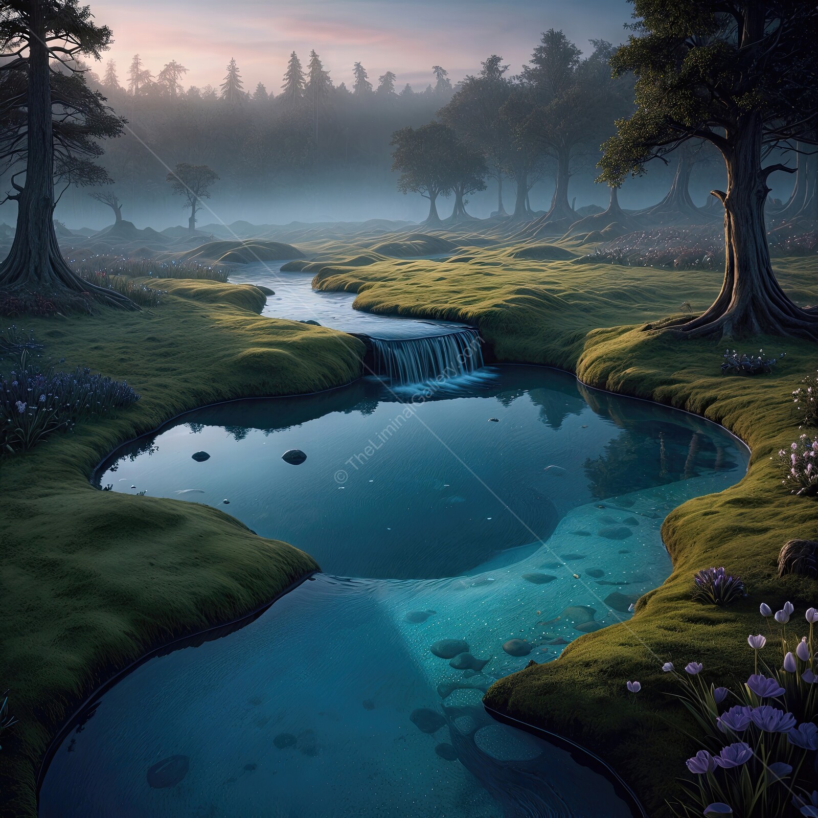 Alice in Wonderland: Tranquil morning mist envelops a serene stream flowing through lush green landscapes