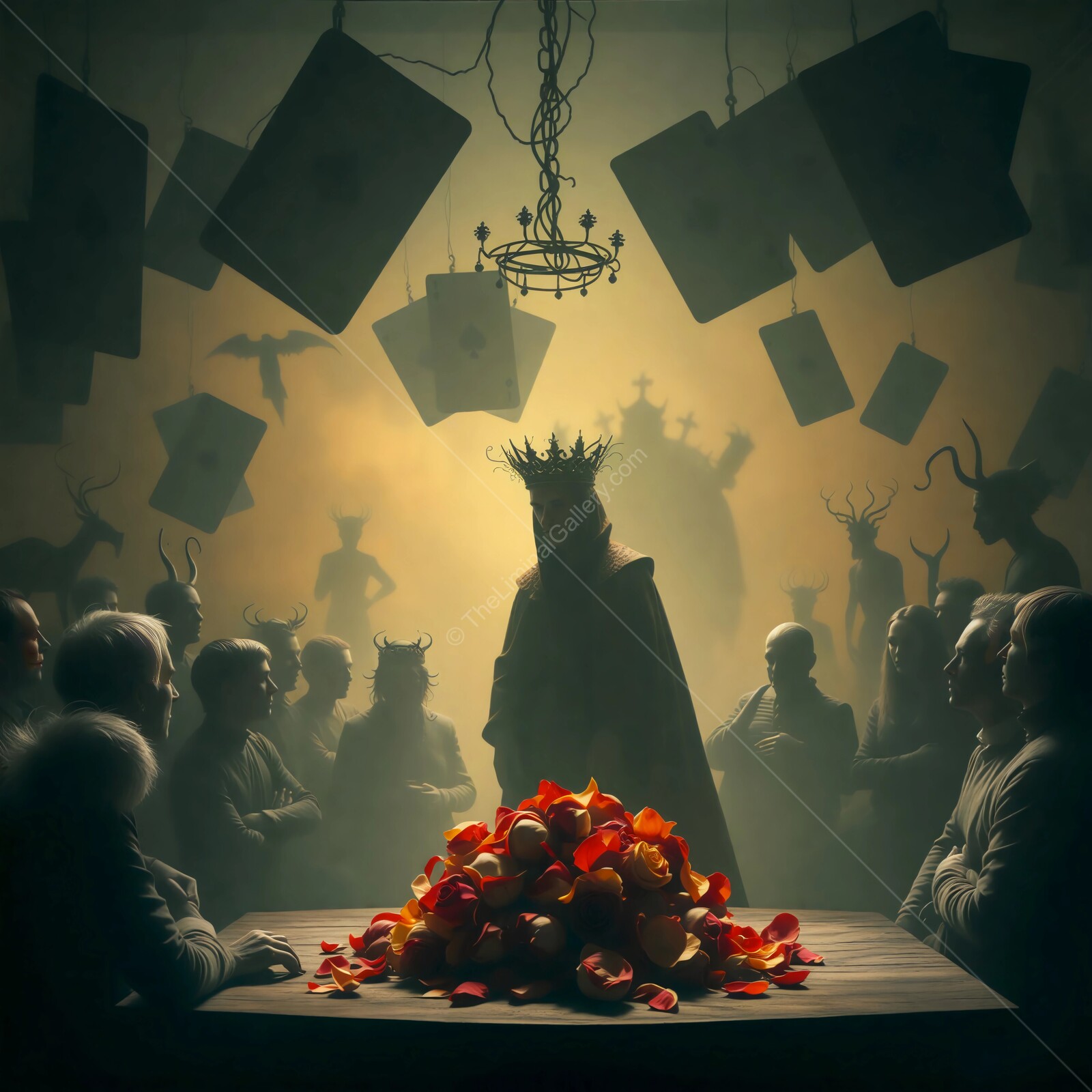 Alice in Wonderland: Mysterious gathering of shadows unfolds in an otherworldly chamber adorned with roses at dusk