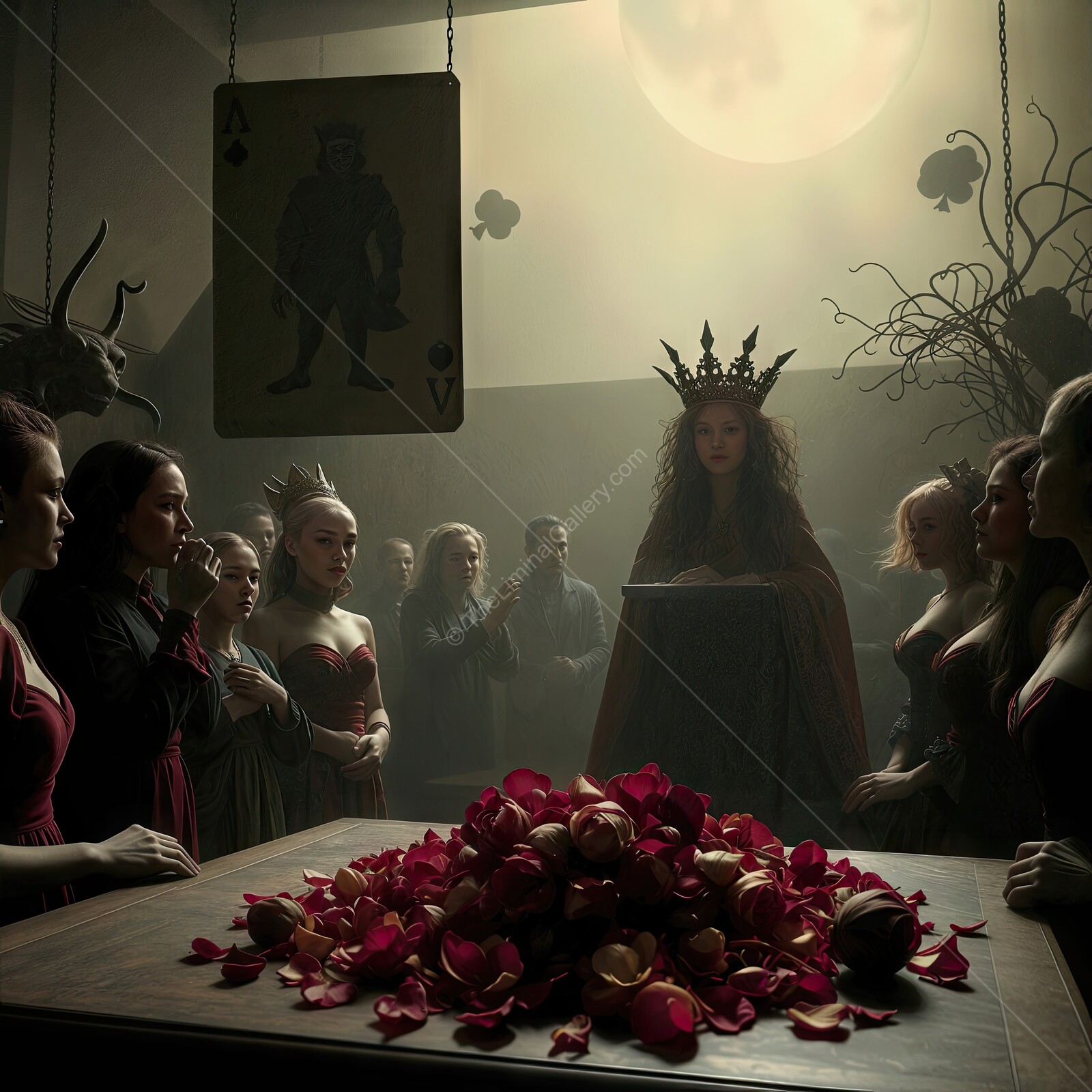 Alice in Wonderland: Mystical gathering of the queen of hearts and enigmatic figures in a candlelit hall under a luminous moon