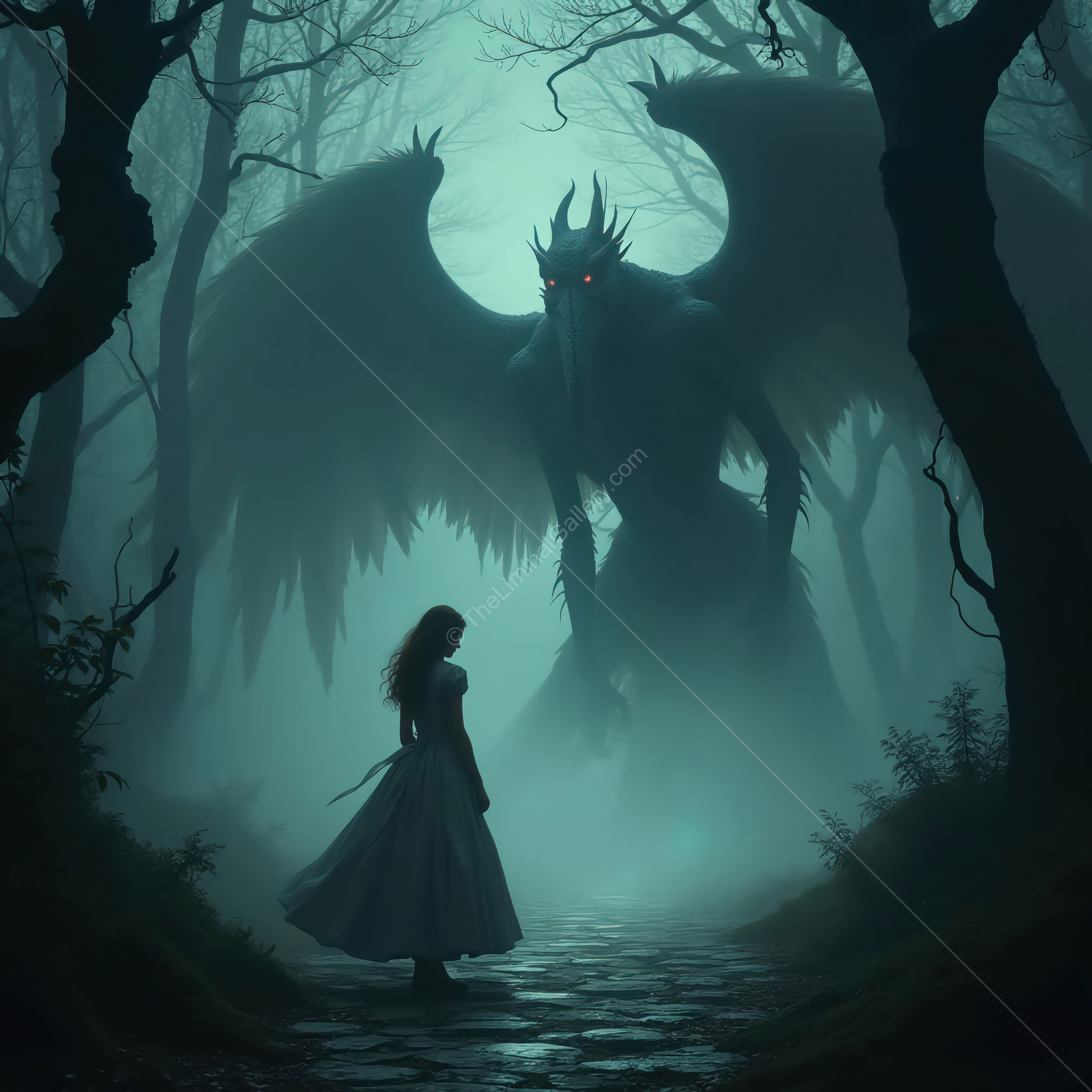 Lost in the shadows of a mystical forest, Alice encounters the giant, dark Jabberwocky in a surreal twilight setting