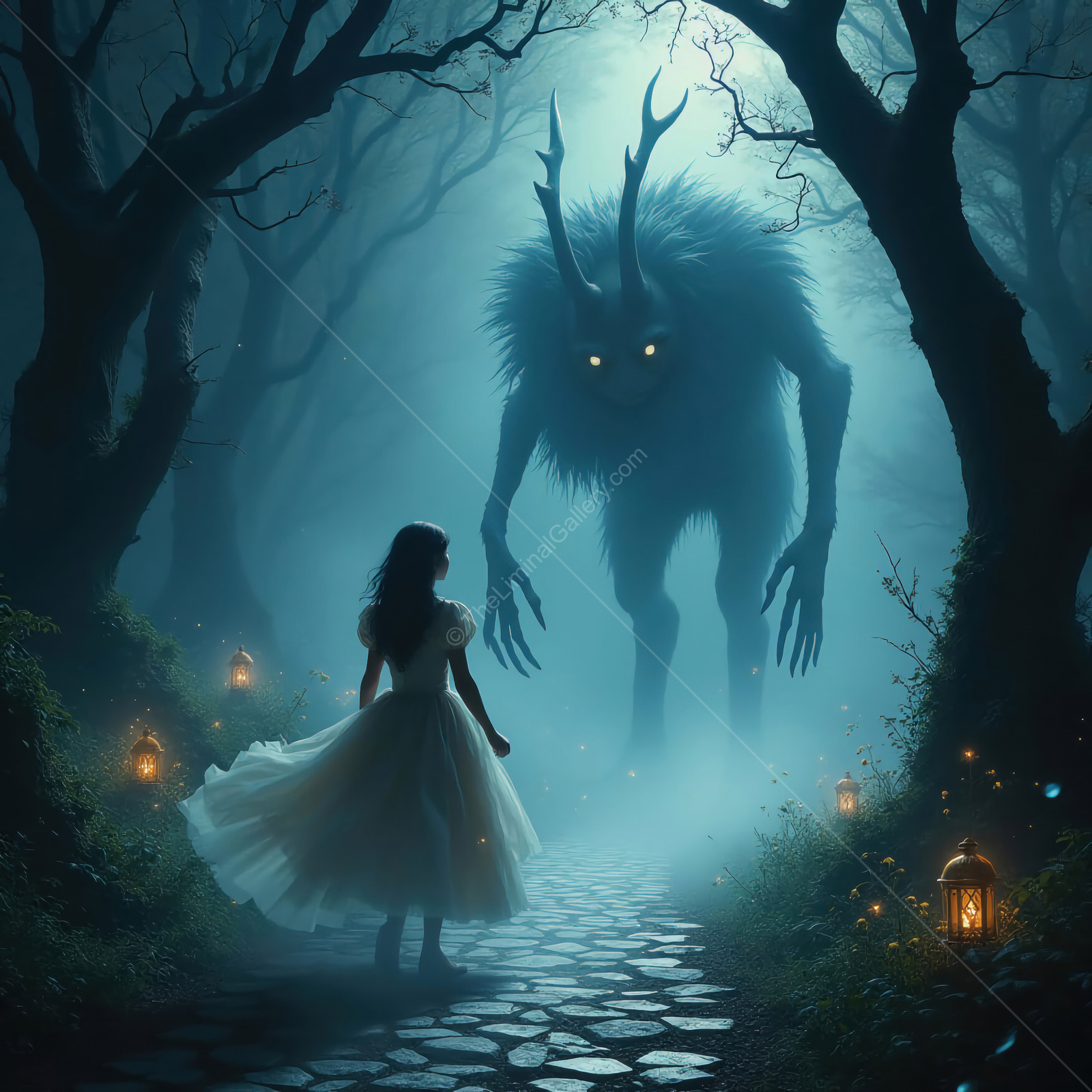 Enchanted encounter in a mystical forest with a brave Alice and the towering Jabberwocky
