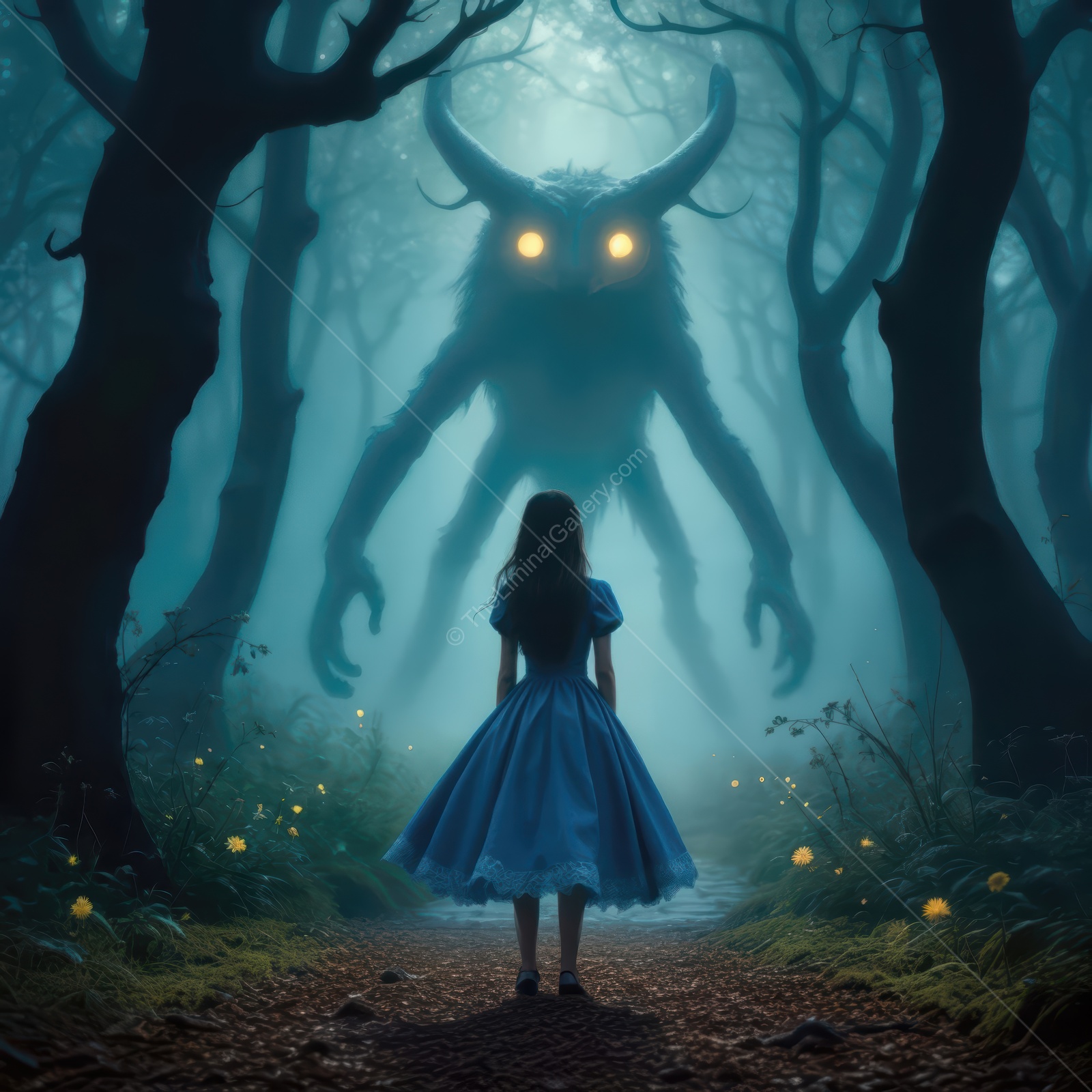 Exploring a mystical forest, Alice encounters the mysterious Jabberwocky under the moonlit sky