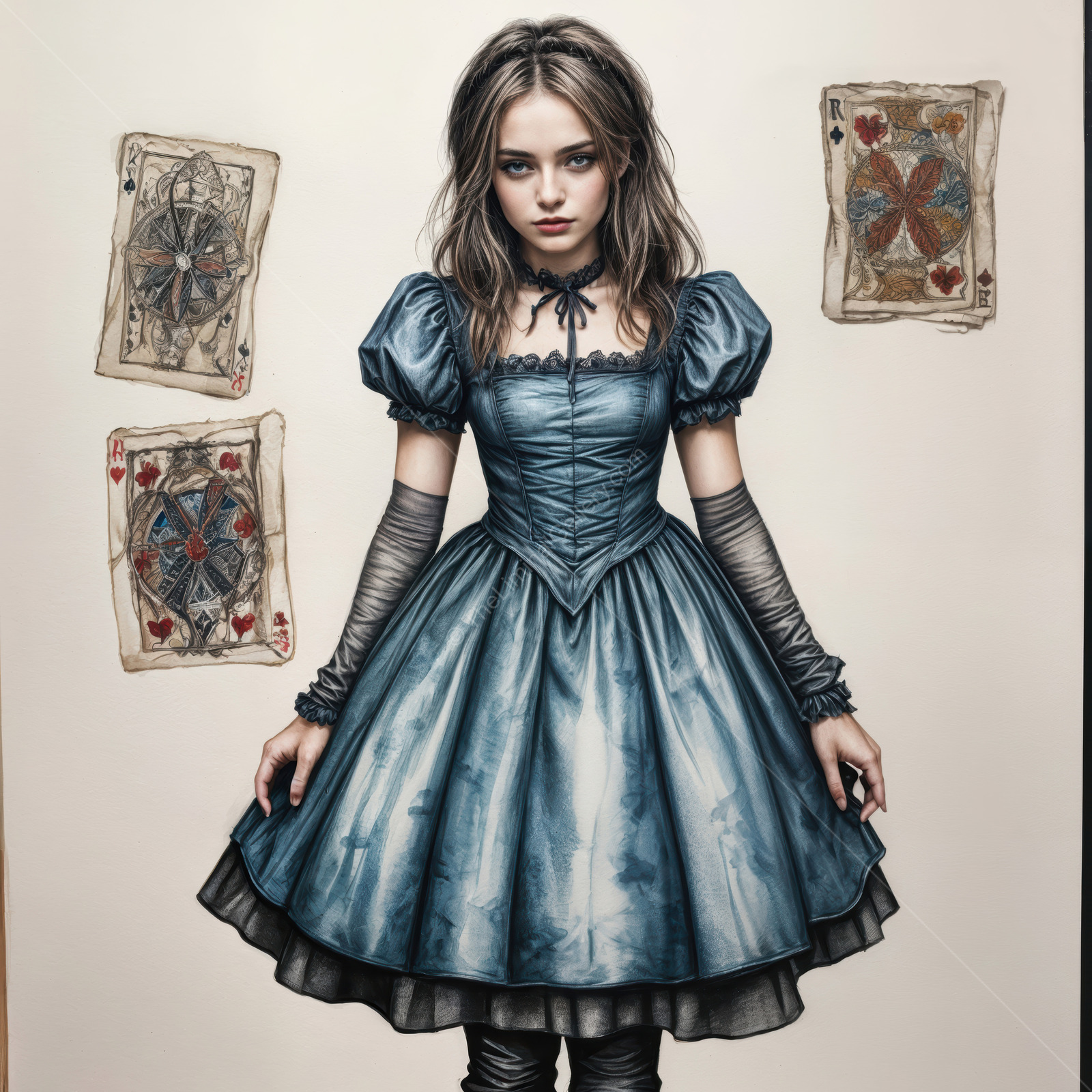 Wonderland's young Alice stands boldly amid playful cards in a whimsical dreamscape filled with colors and mystery