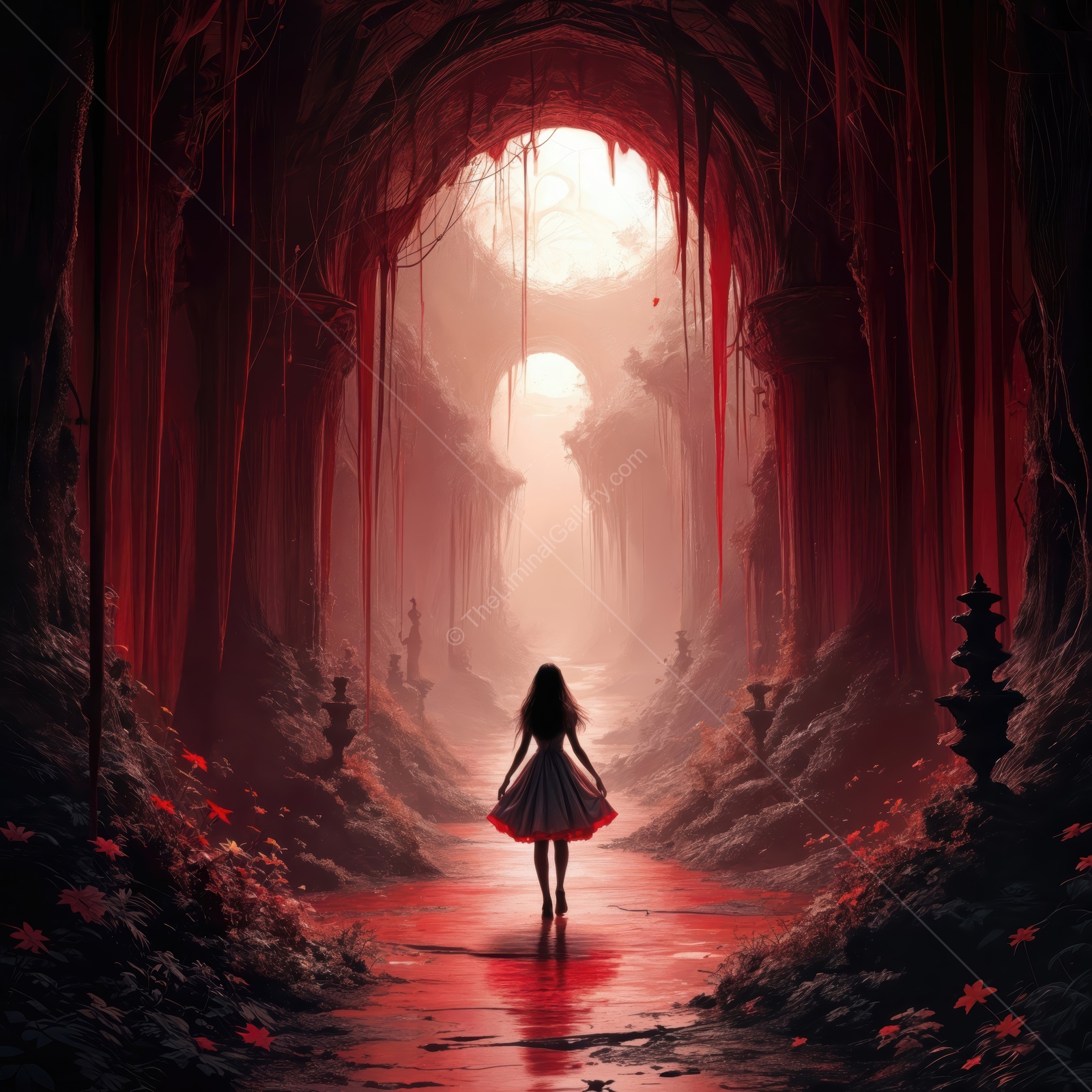 Journey through a mysterious red forest inspired by Alice in Wonderland