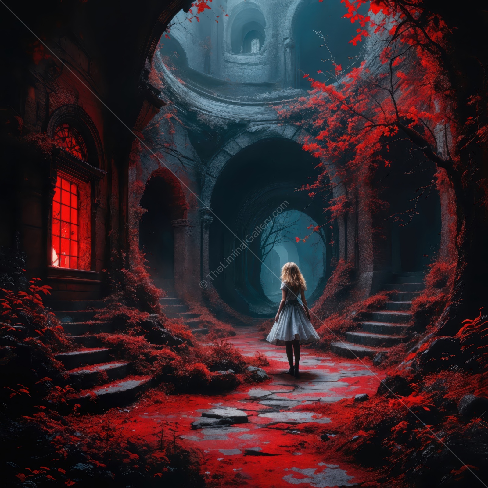 Wonderland path filled with red leaves and mystical ambiance invites exploration and curiosity through ancient ruins