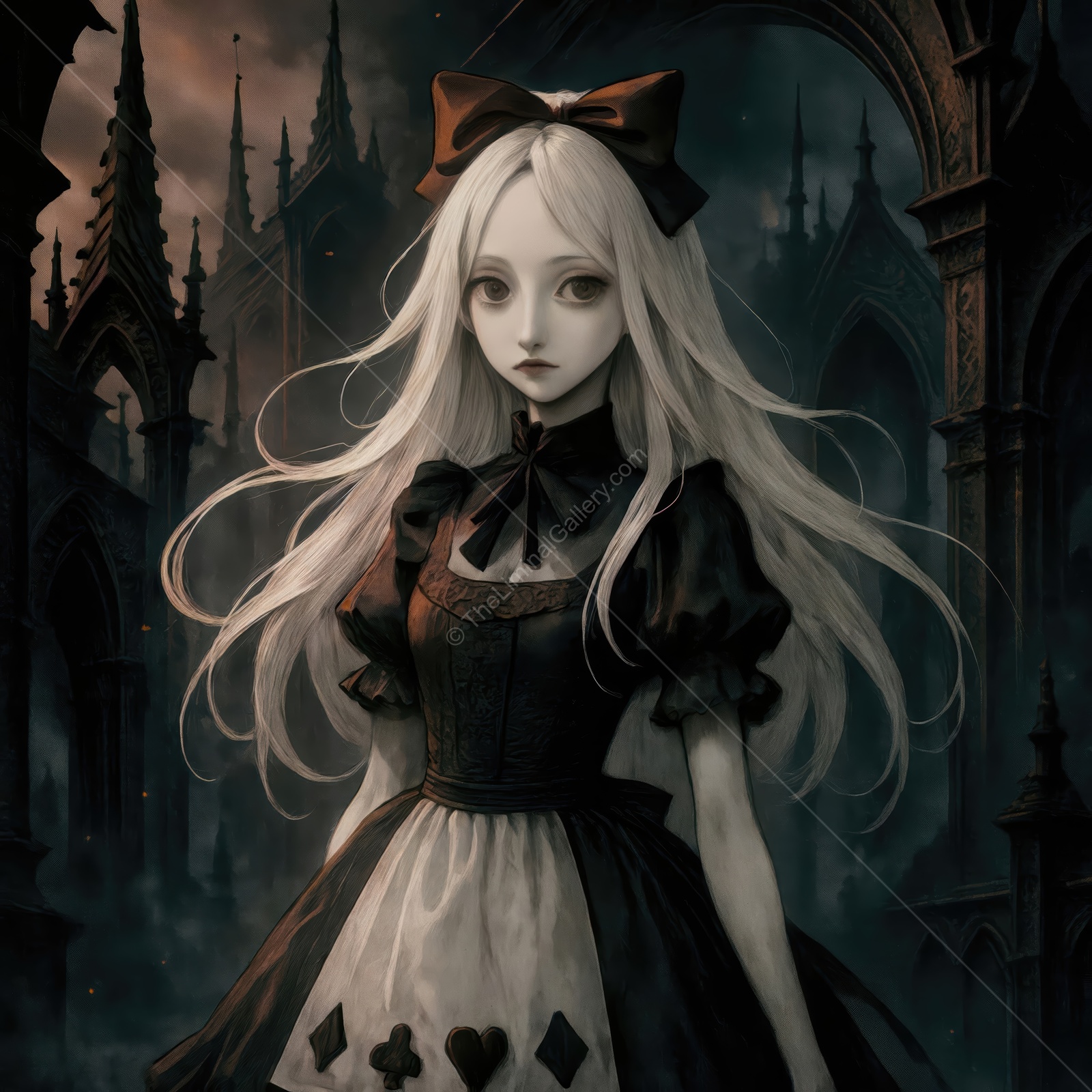 Exploring the dark realm of Alice in Wonderland with a mystical Alice in an eerie castle landscape