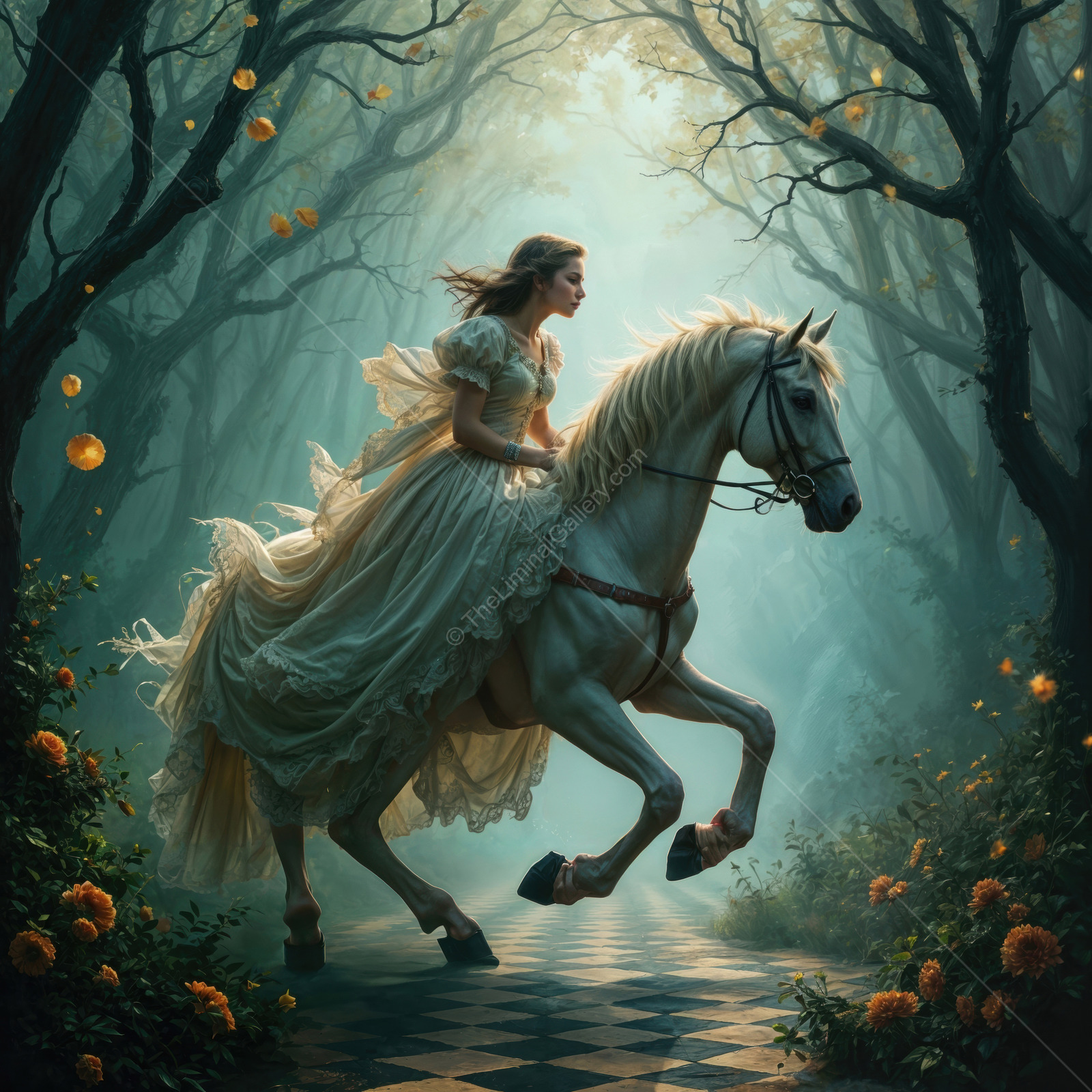 Enchanting ride through a mystical forest as Alice on a white horse discovers Wonderland magic