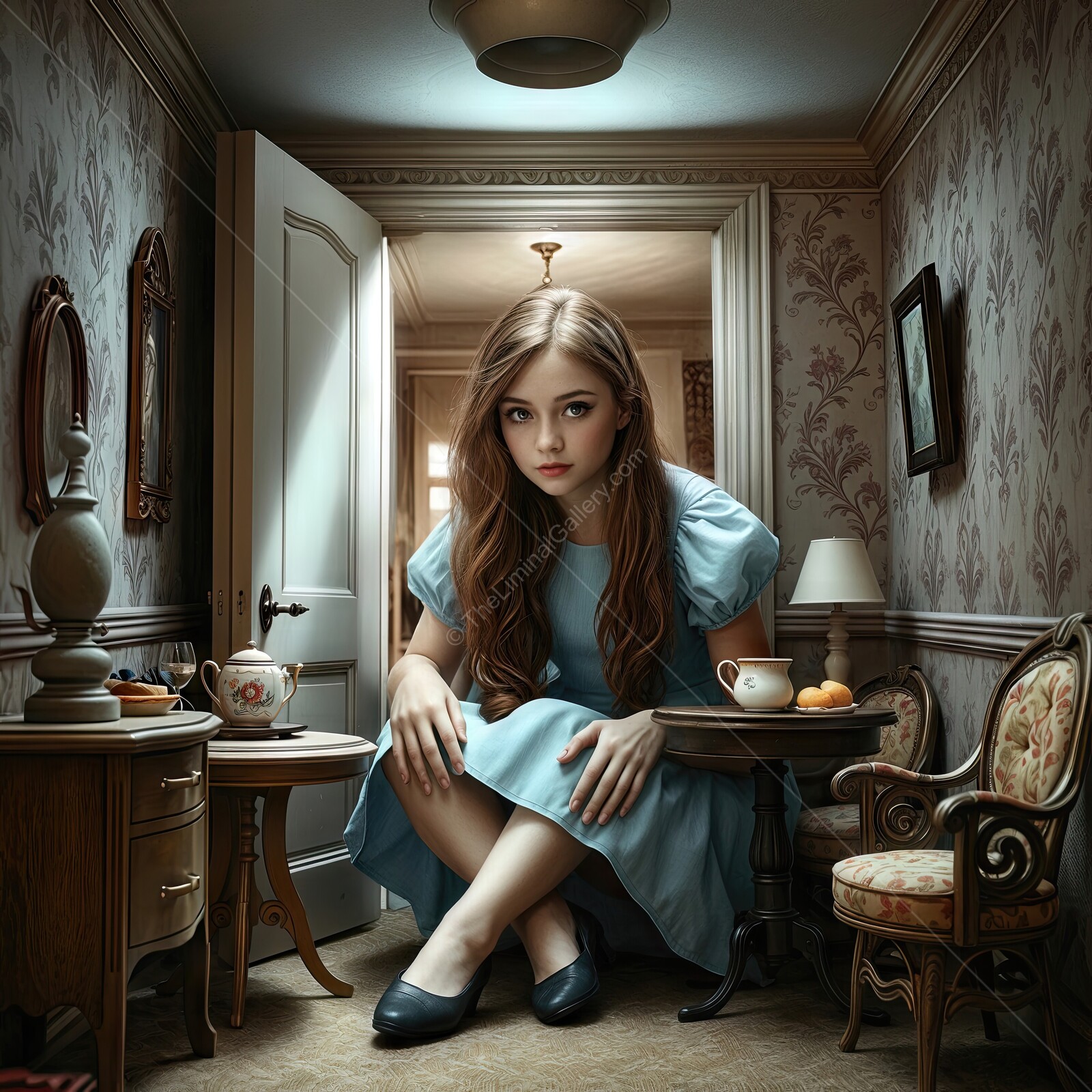 Alice in Wonderland: Alice sits in a surreal miniature room filled with vintage decor and soft lighting