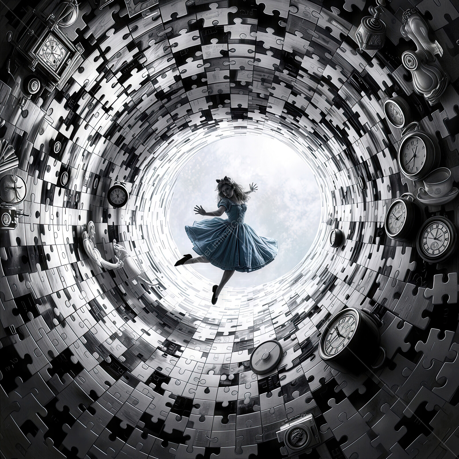 Alice in Wonderland: Whirling through a puzzle-filled vortex, Alice in a blue dress dances among timepieces and whimsical artifacts
