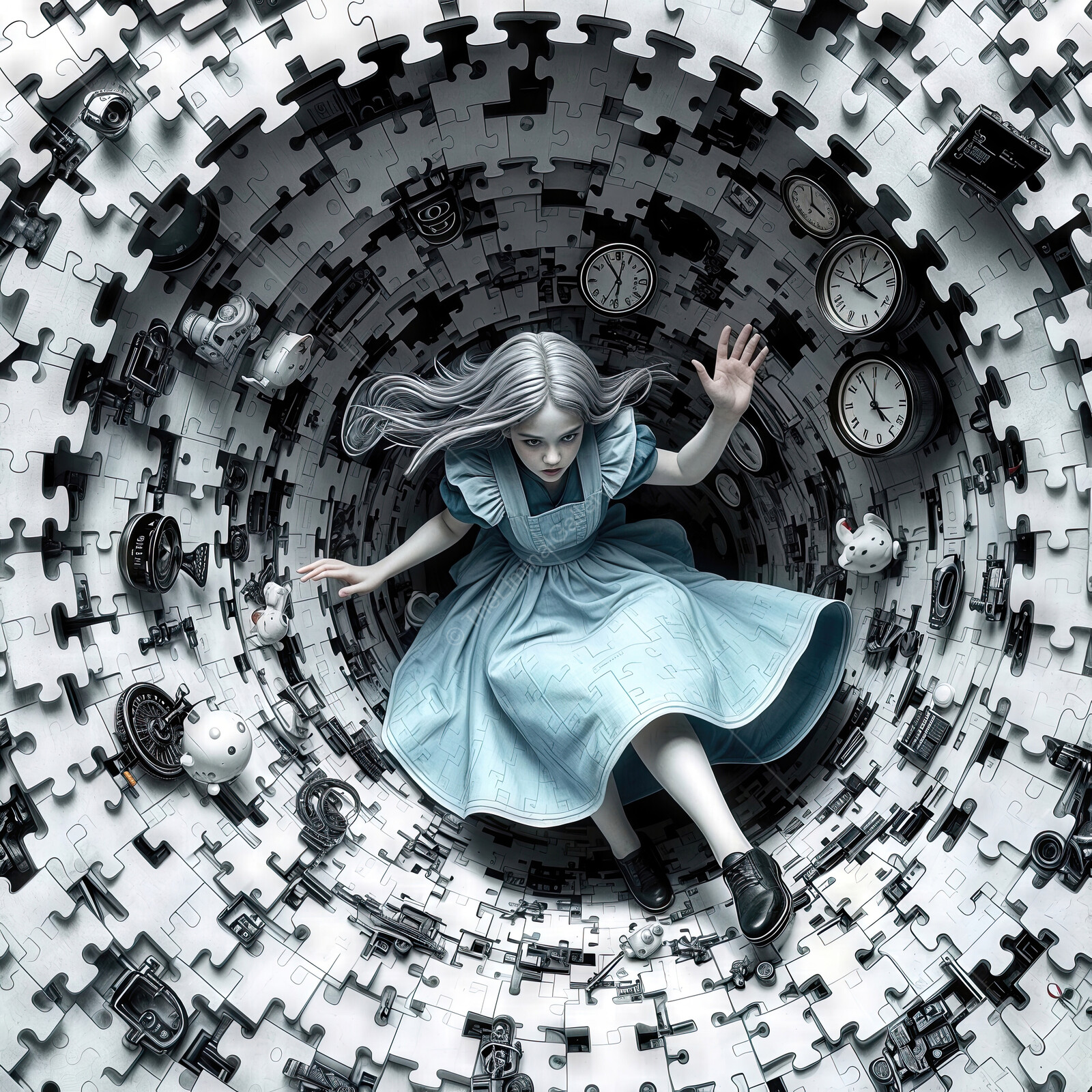 Alice in Wonderland: Whimsical descent into a surreal puzzle world with Alice in a blue dress