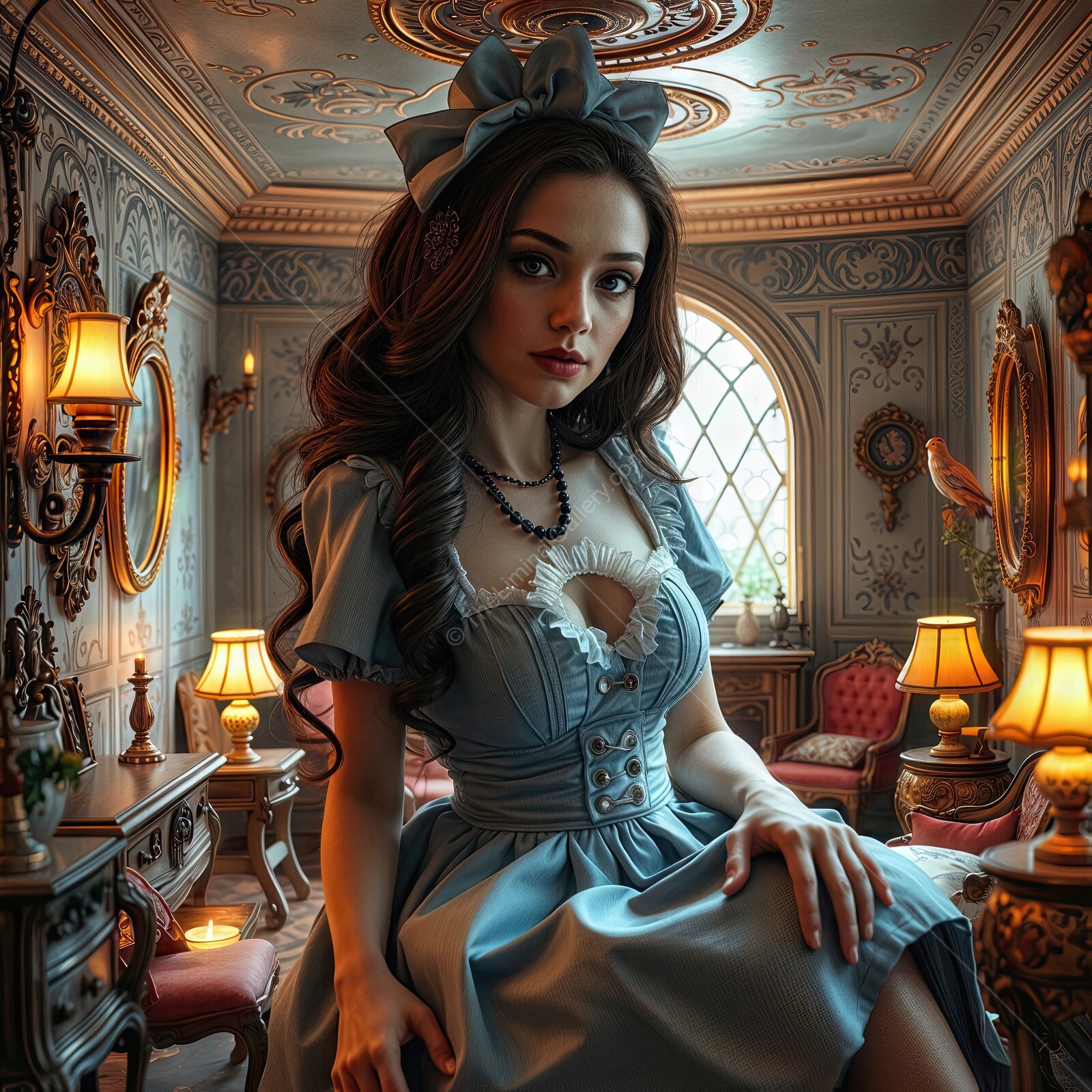 Alice in Wonderland: Alice rests inside a tiny, surreal parlor of antique furnishings and warm, hazy light.