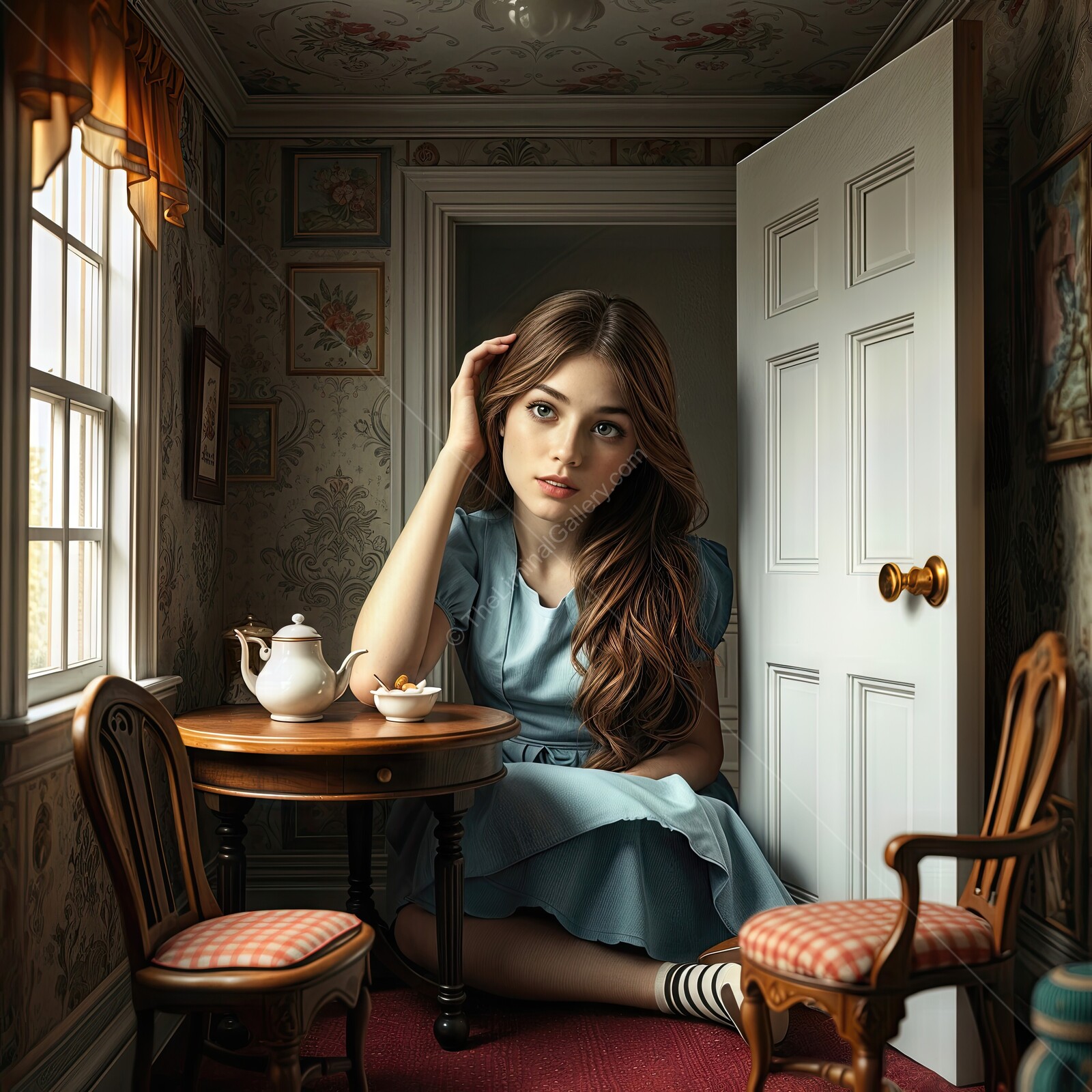Alice in Wonderland: Alice in vintage room lost in thought while seated at a small table with tea and dessert in delicate surroundings