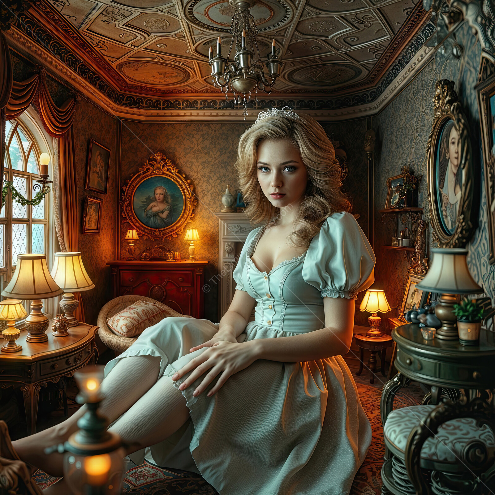 Alice in Wonderland: Alice in period dress sits thoughtfully in a vintage room filled with soft light
