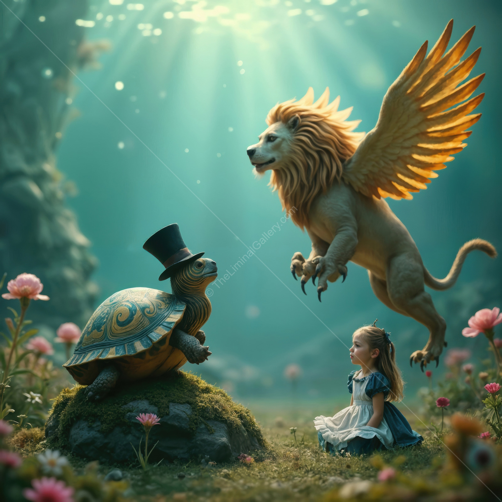 Magical encounter in a whimsical forest with a young Alice, the talking Mock Turtle, and the majestic Gryphon