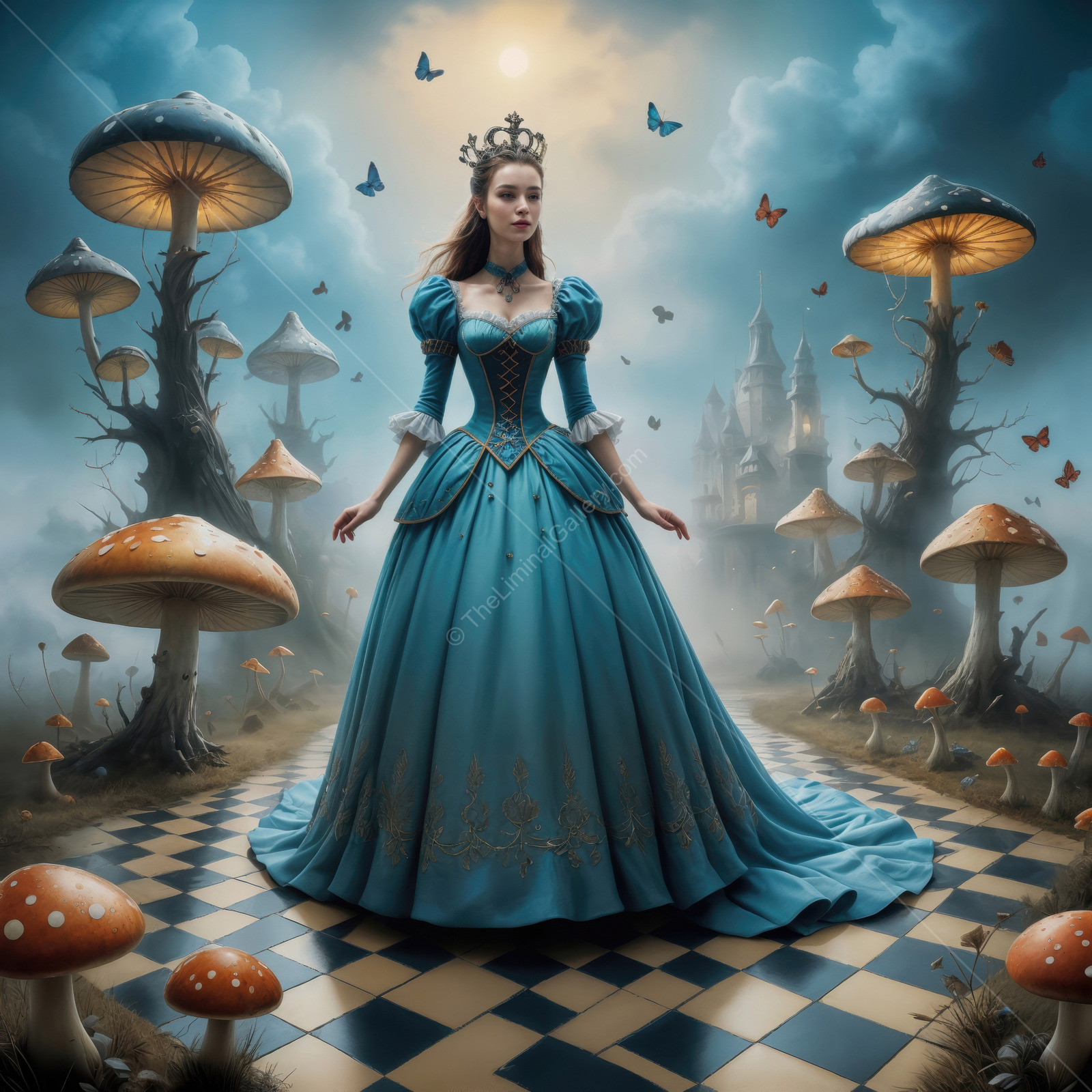Wonderland princess Alice in a magical garden surrounded by vibrant mushrooms and butterflies
