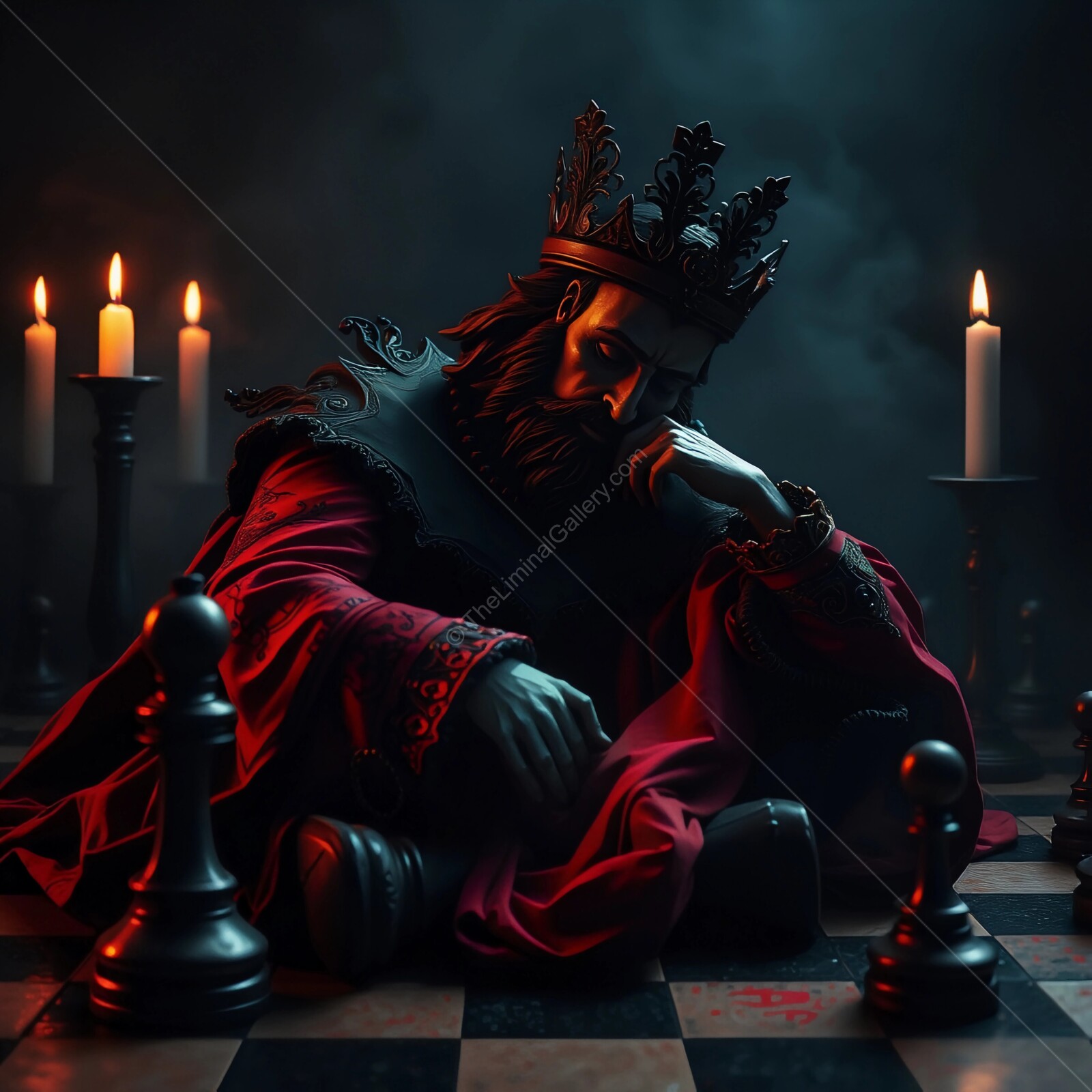 Trapped in a chess game, The Red King from Through the Looking Glass ponders strategy amid candlelight shadows