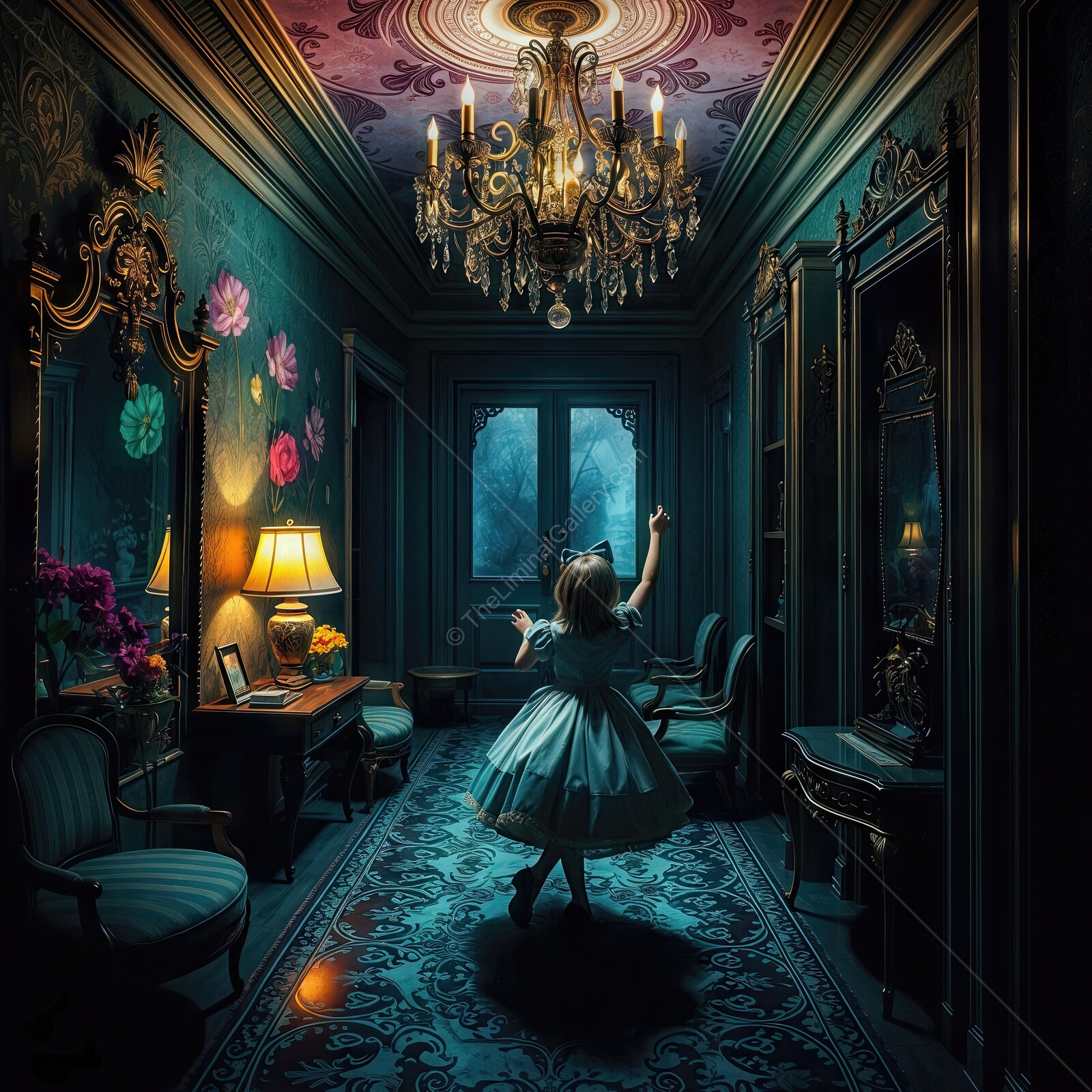 Through the Looking Glass: Little Alice twirls gracefully in an enchanting hallway adorned with vibrant floral patterns
