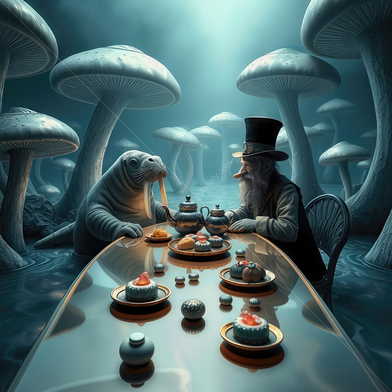 Through the Looking Glass: Whimsical dining encounter between the Walrus and the Carpenter in a mushroom forest setting