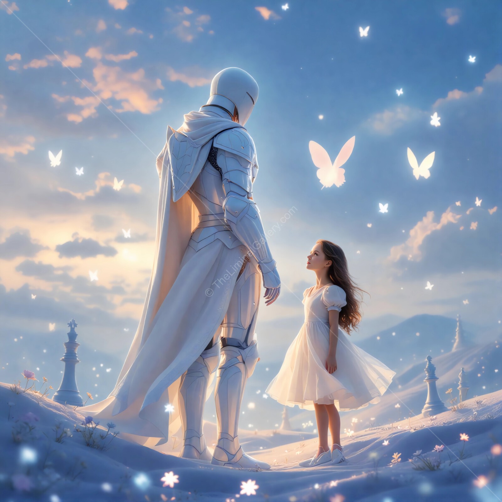 Through the Looking Glass: Enchanted confrontation between the white knight and young Alice in a serene valley at twilight