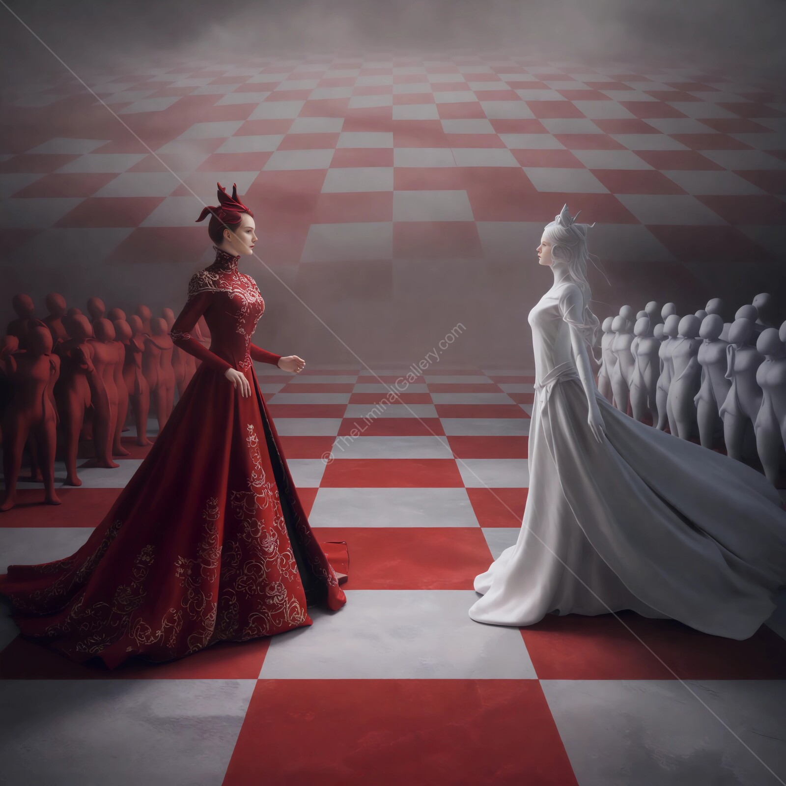 Through the Looking Glass: Dramatic confrontation between the red and white queen in a surreal chessboard setting