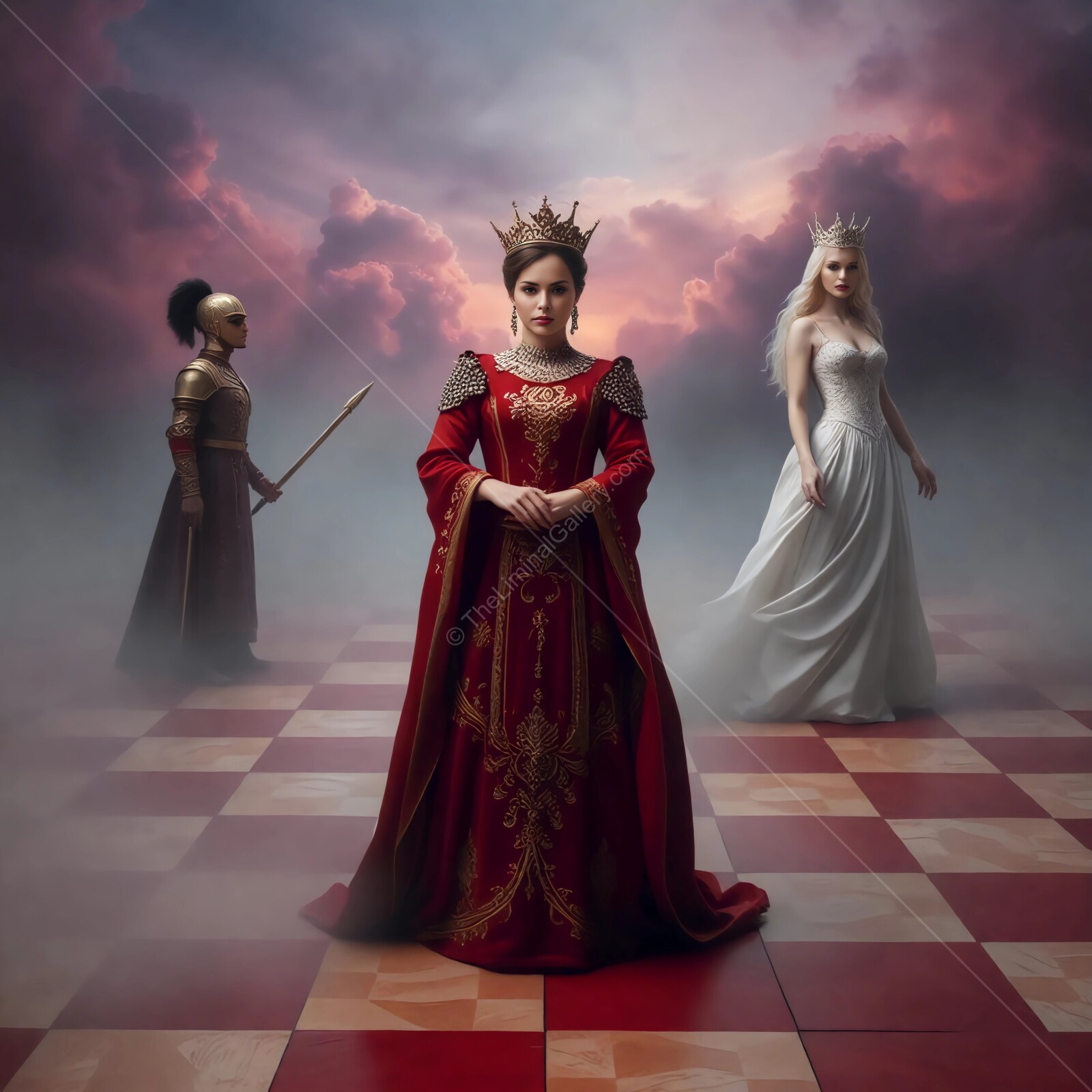 Through the Looking Glass: Red and white queen participate in a grand chess match in a mystical realm filled with fog and vibrant clouds