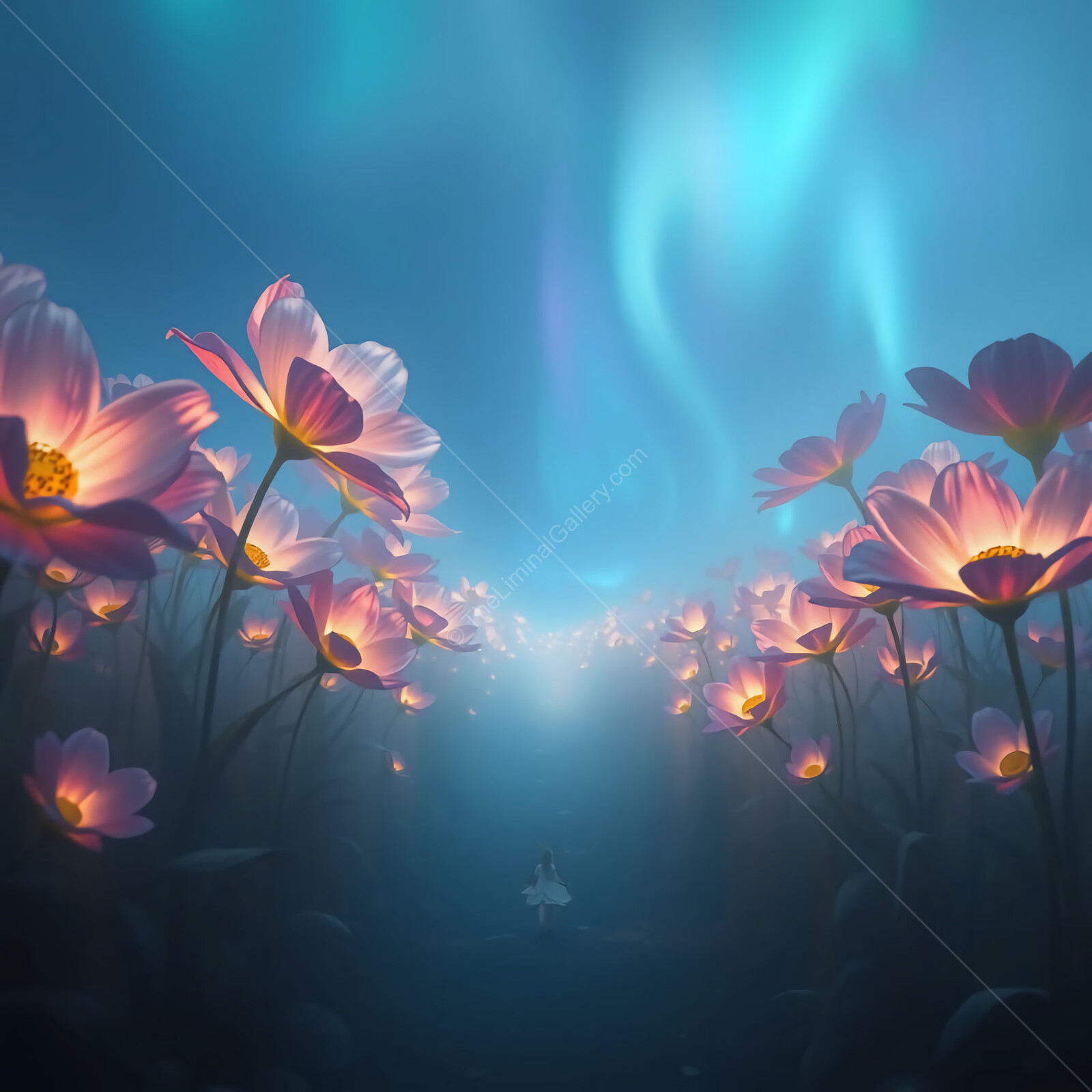 Through the Looking Glass: Magical twilight garden illuminated by glowing flowers under a celestial aurora