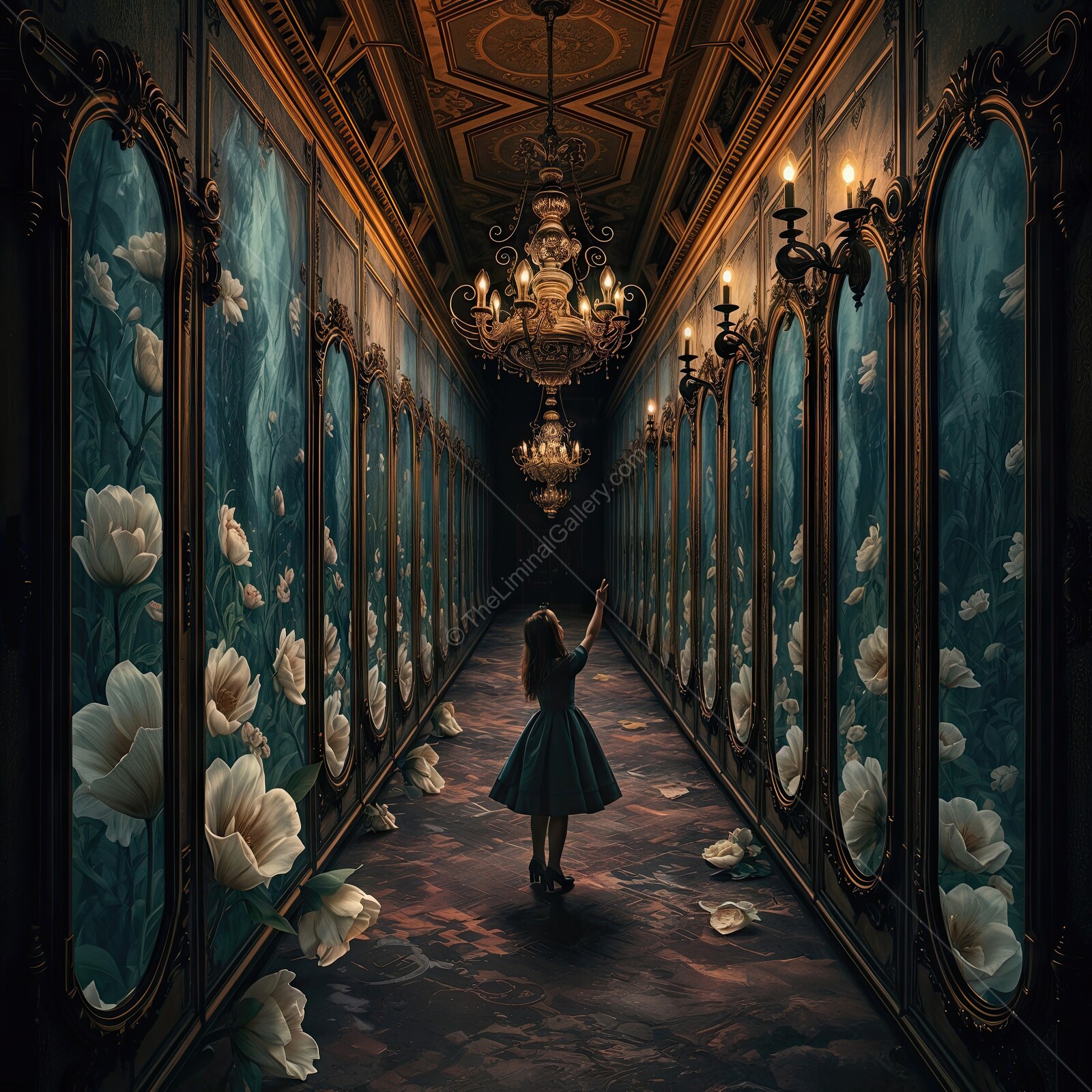 Through the Looking Glass: Alice explores a mysterious corridor filled with mirrors and floral art at twilight
