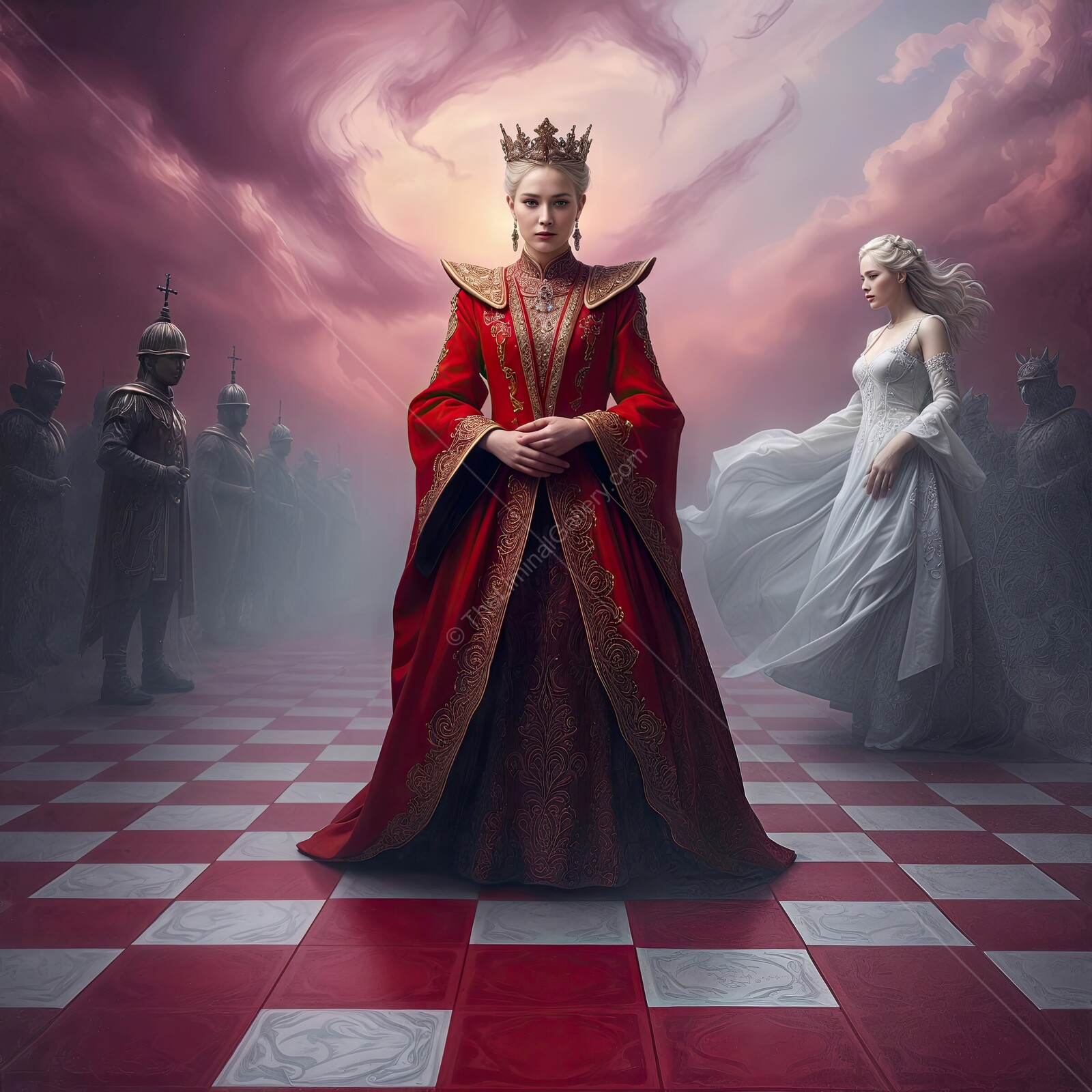 Through the Looking Glass: Red and white queen face off on a grand chessboard amid swirling clouds in a fantasy realm