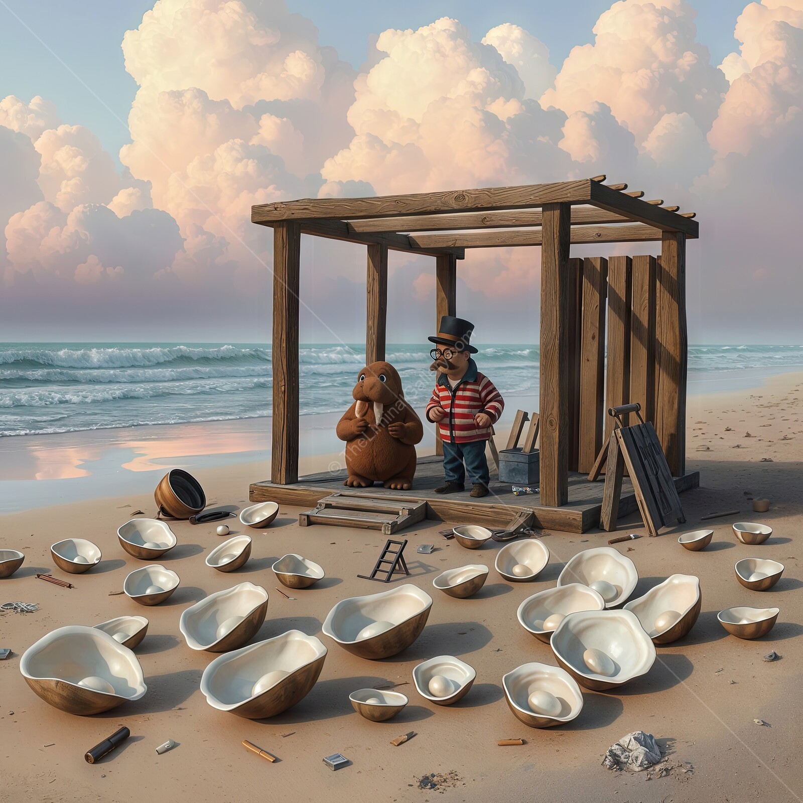 Through the Looking Glass: The Walrus and the Carpenter at the beach pondering over scattered oysters during sunset by the shore